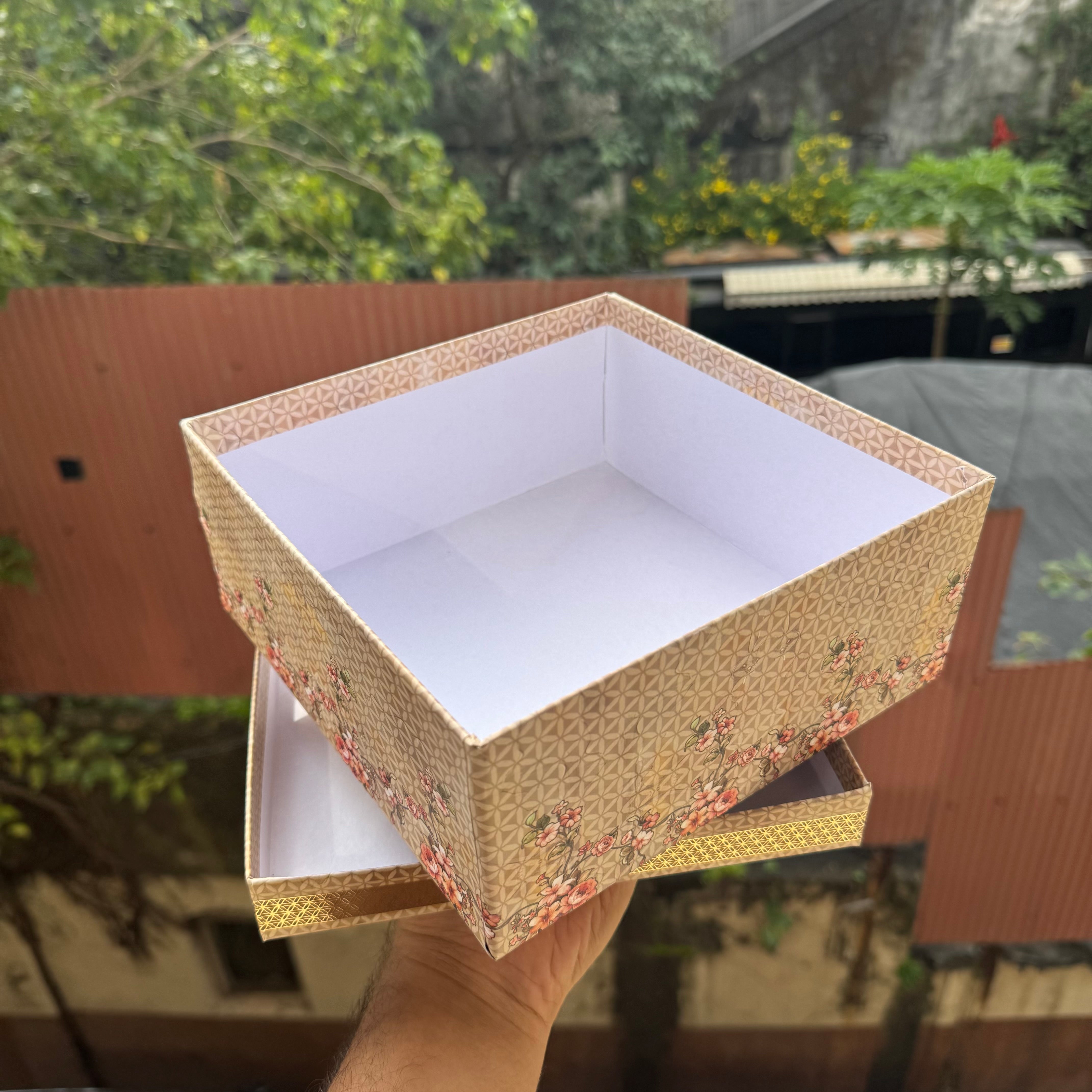 Jashan Top Bottom Hamper Box With Matching Bag Combo 1pc 8x8x3.5inch | Ivory Silk