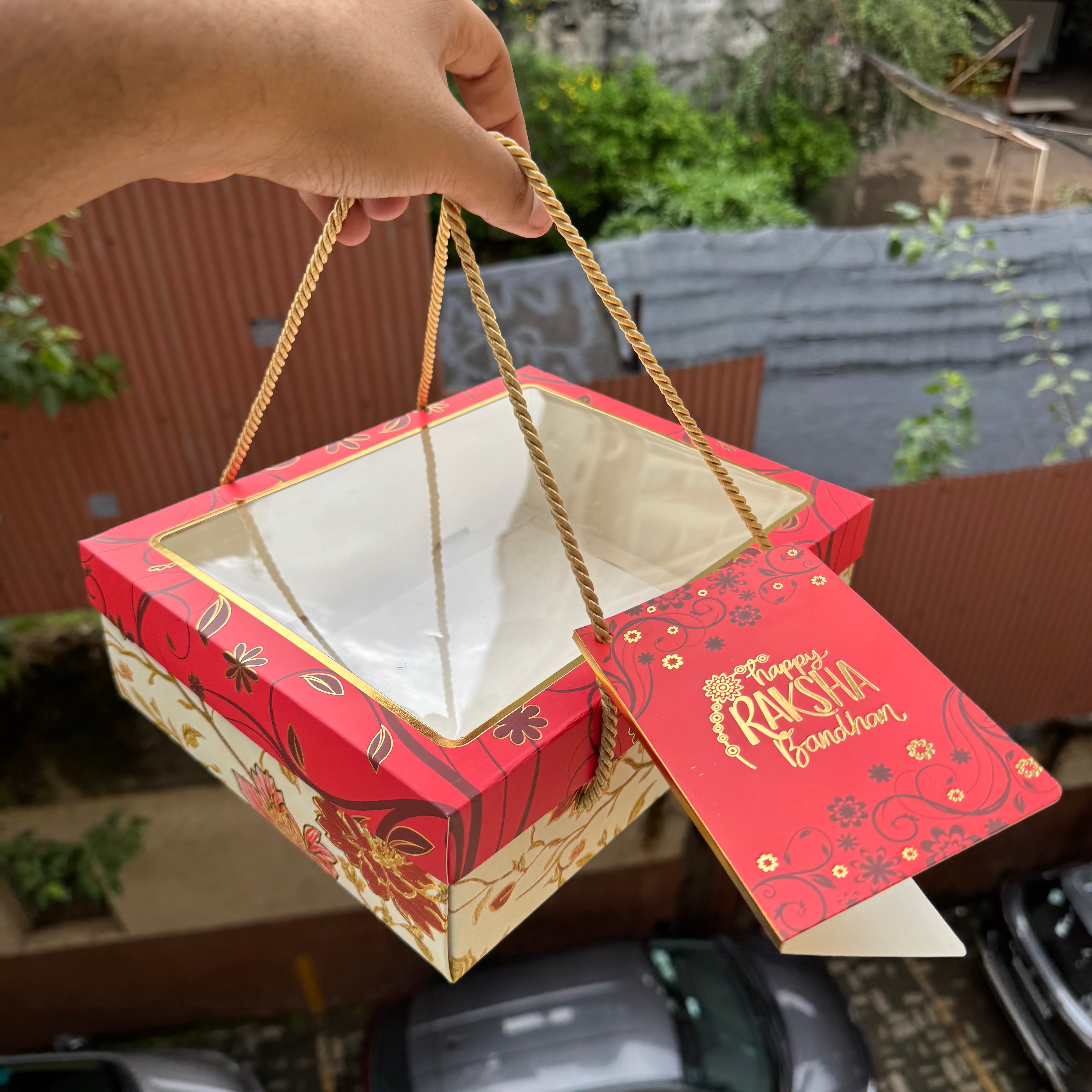 Rakhi Marigold Red Foiled Hamper Box With String and Card 10pc