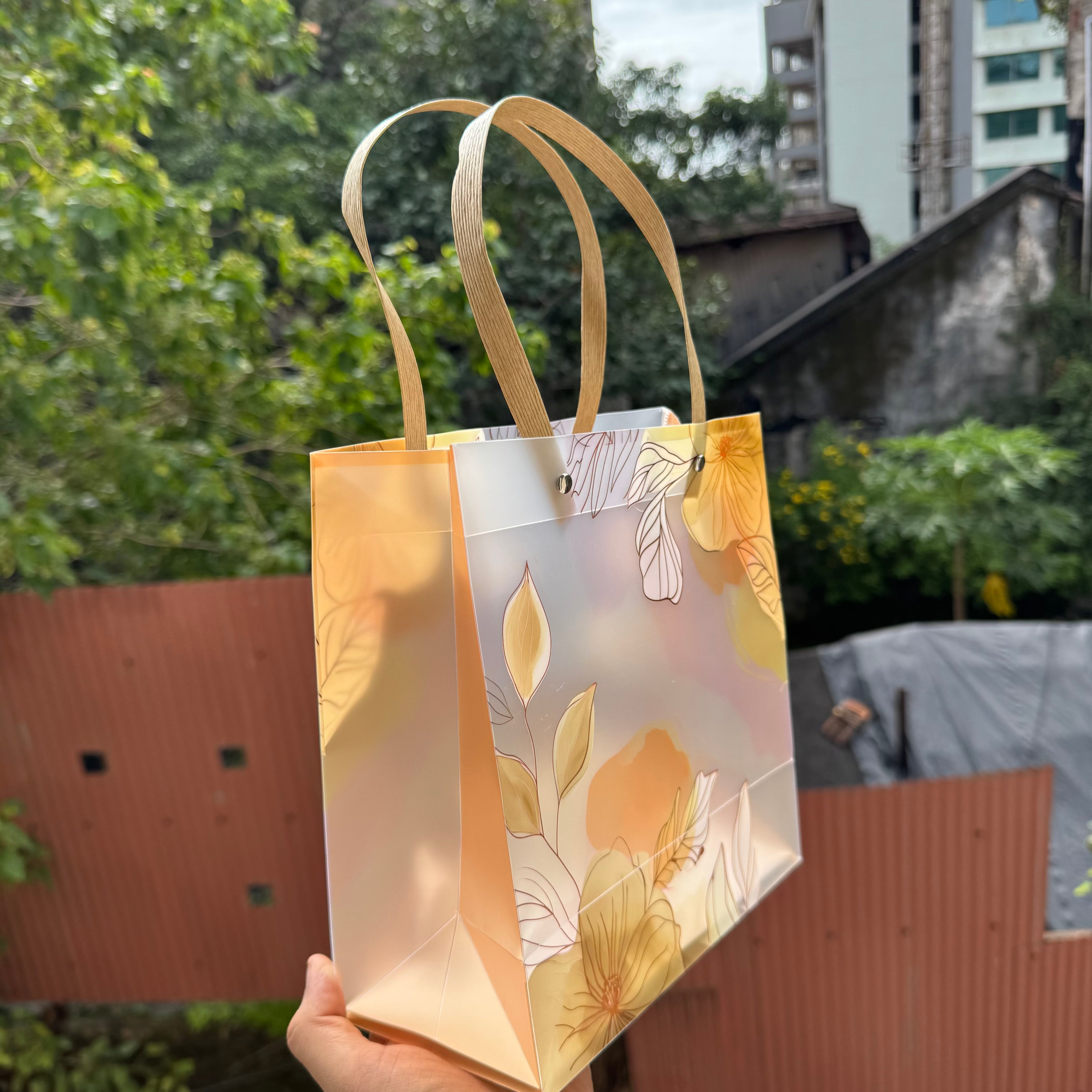 Floral Frosted Pvc Bag (10pc) ~ Beige