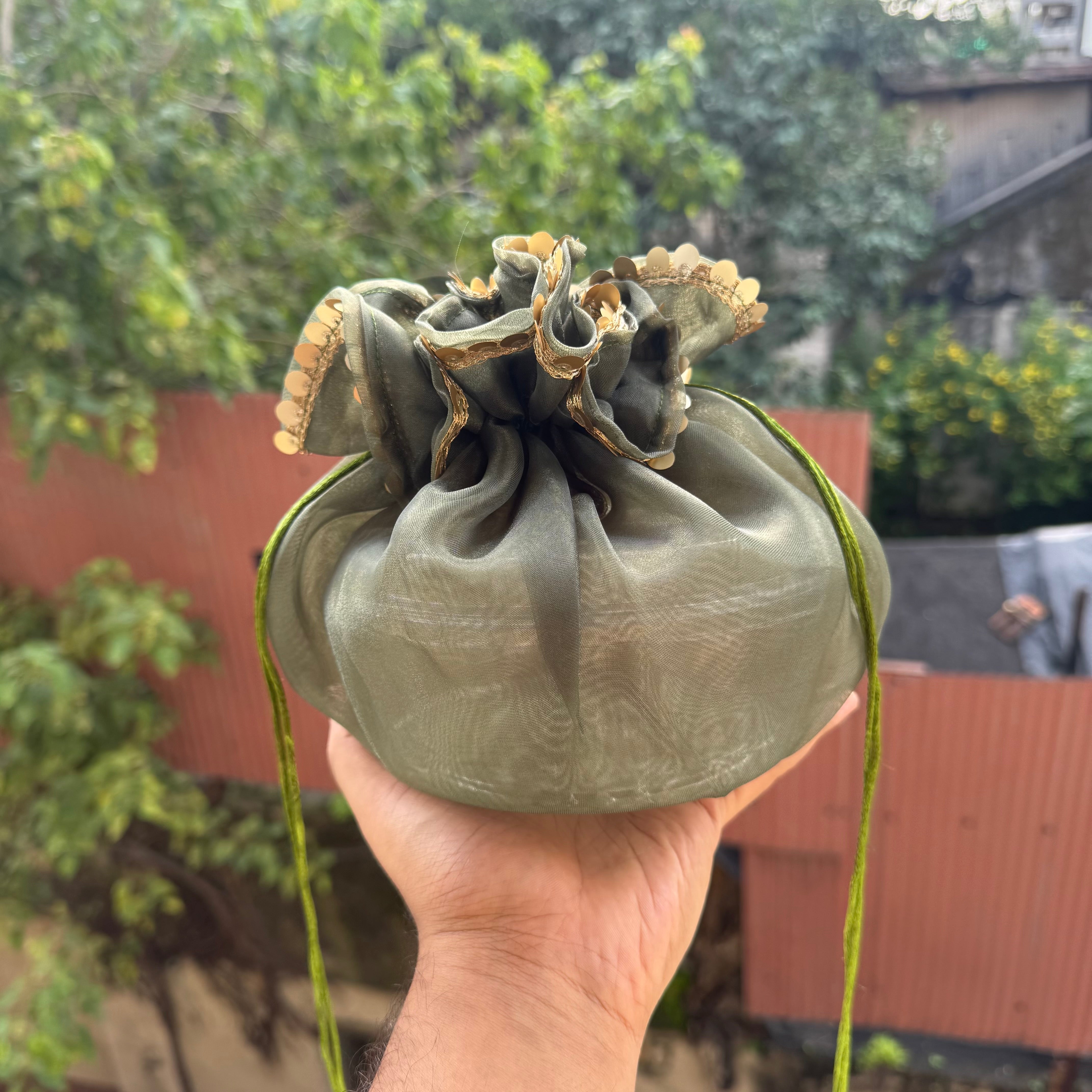 Organza Ribbon Potli (10pc) ~ Olive Green
