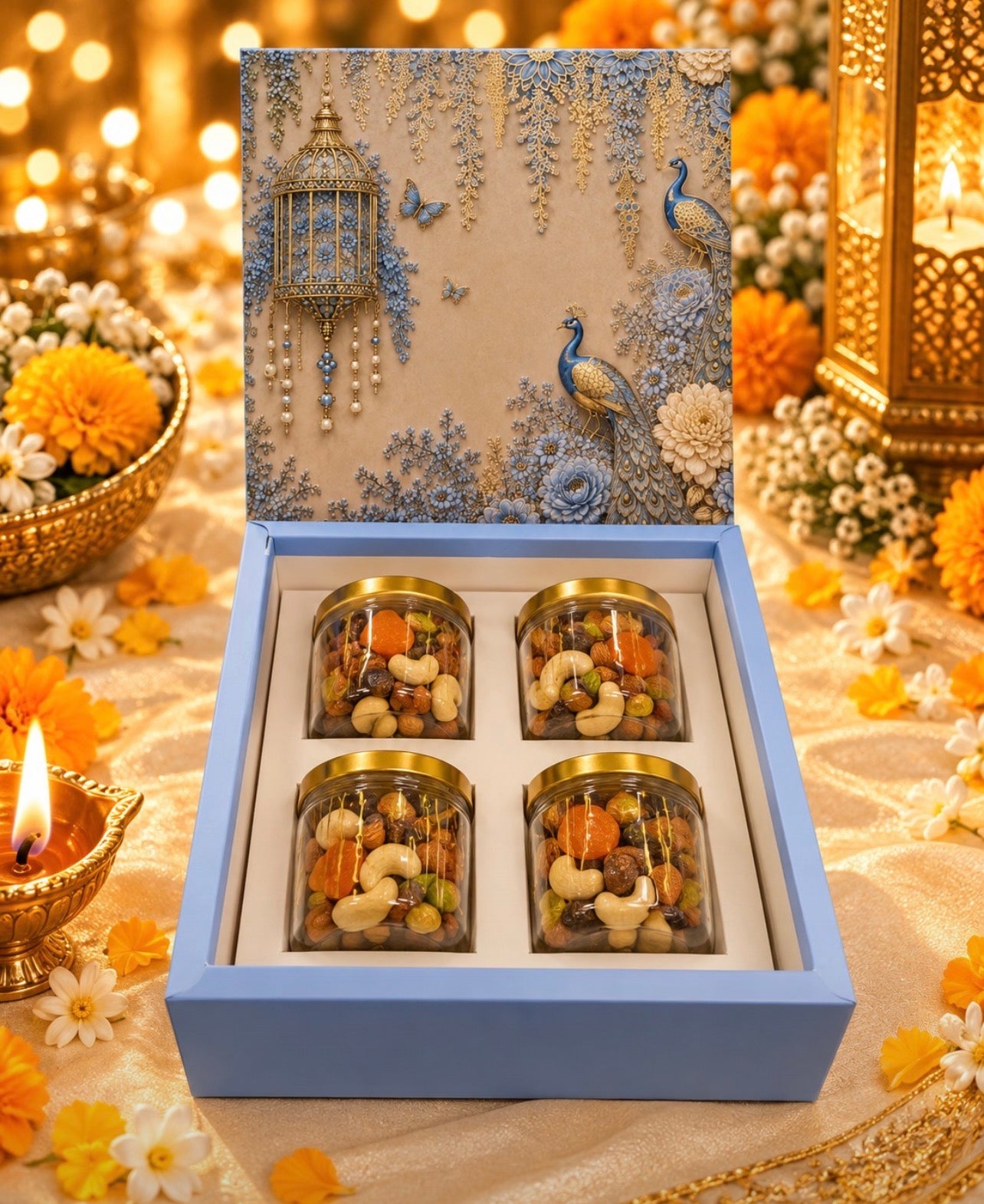 Mahal Top Bottom Hamper Box With 4 Jar Cavity (10pc) [No Jars Included] | Blue