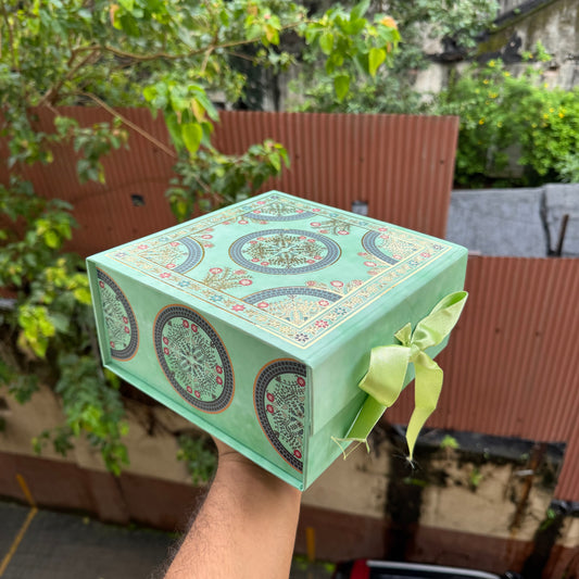 Collapsible Foiled Premium Hamper Box With Ribbon 8x8x4inch • Pista Green