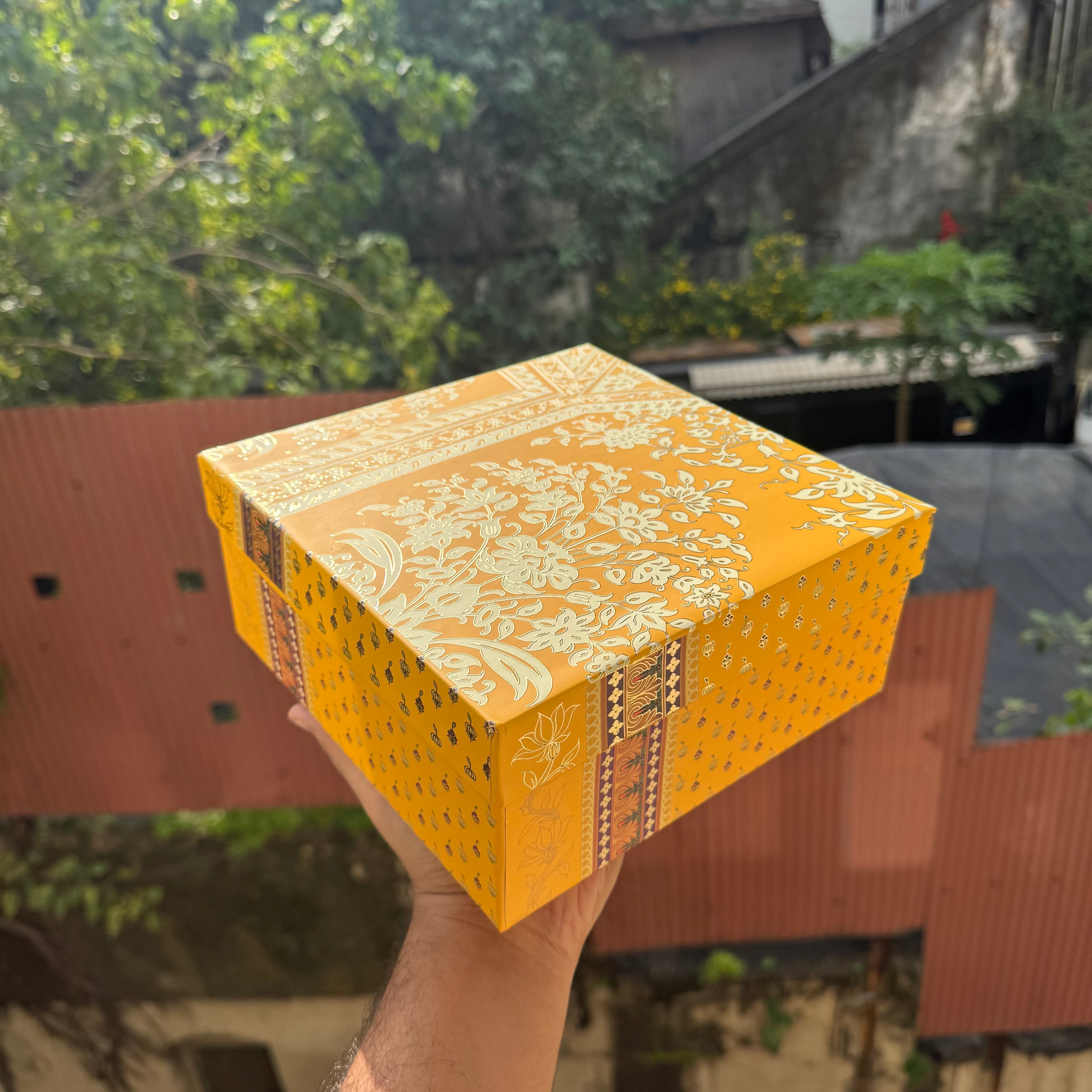 Jashan Top Bottom Hamper Box With Matching Bag Combo 1pc 8x8x3.5inch | Mustard Silk