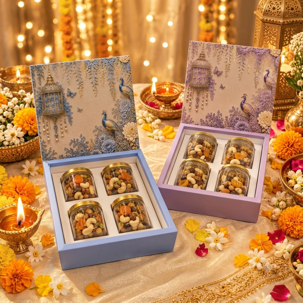 Mahal Top Bottom Hamper Box With 4 Jar Cavity (10pc) [No Jars Included] | Blue