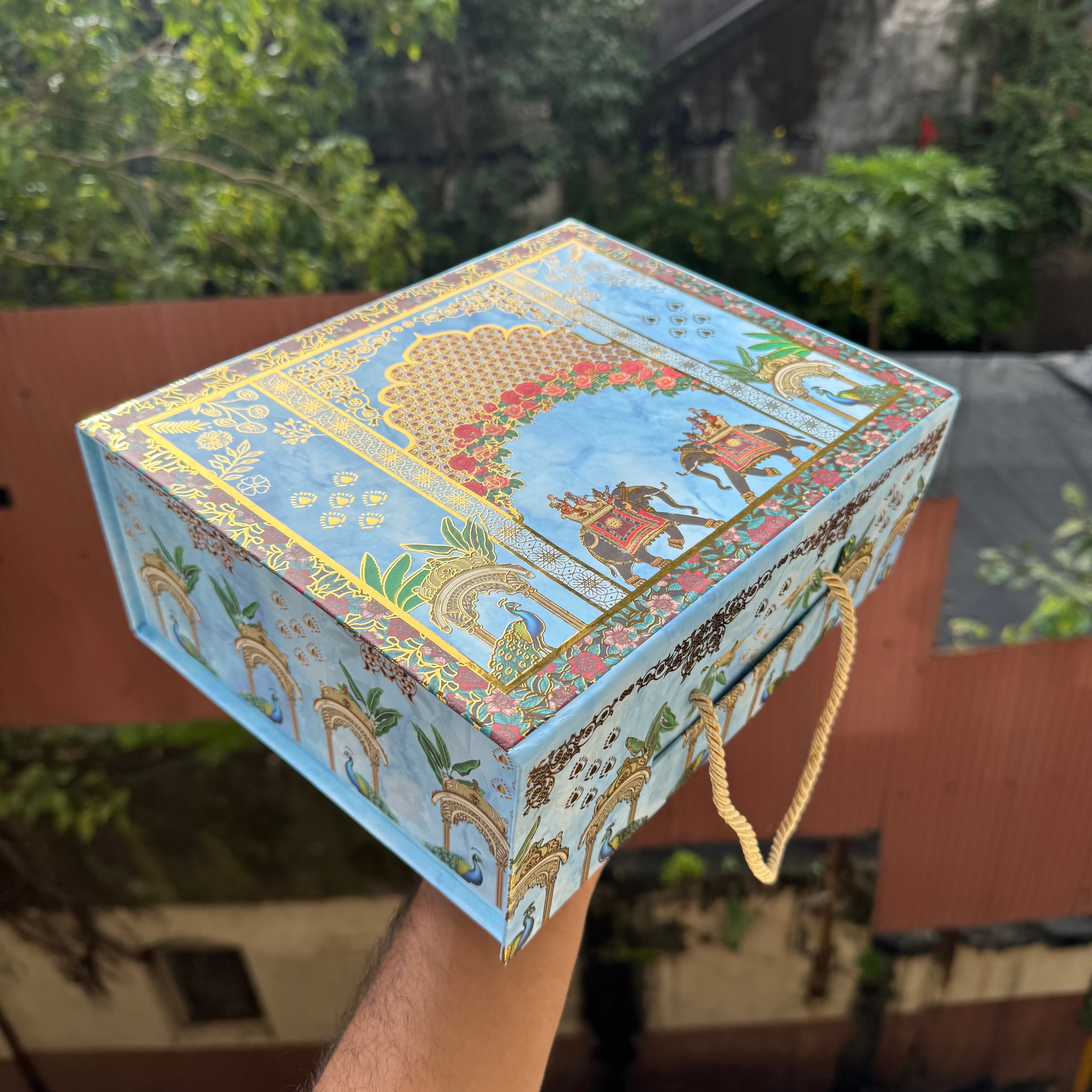 Bespoke Collapsible Hamper Boxes With Gold Foiling Detail and Handle • Blue