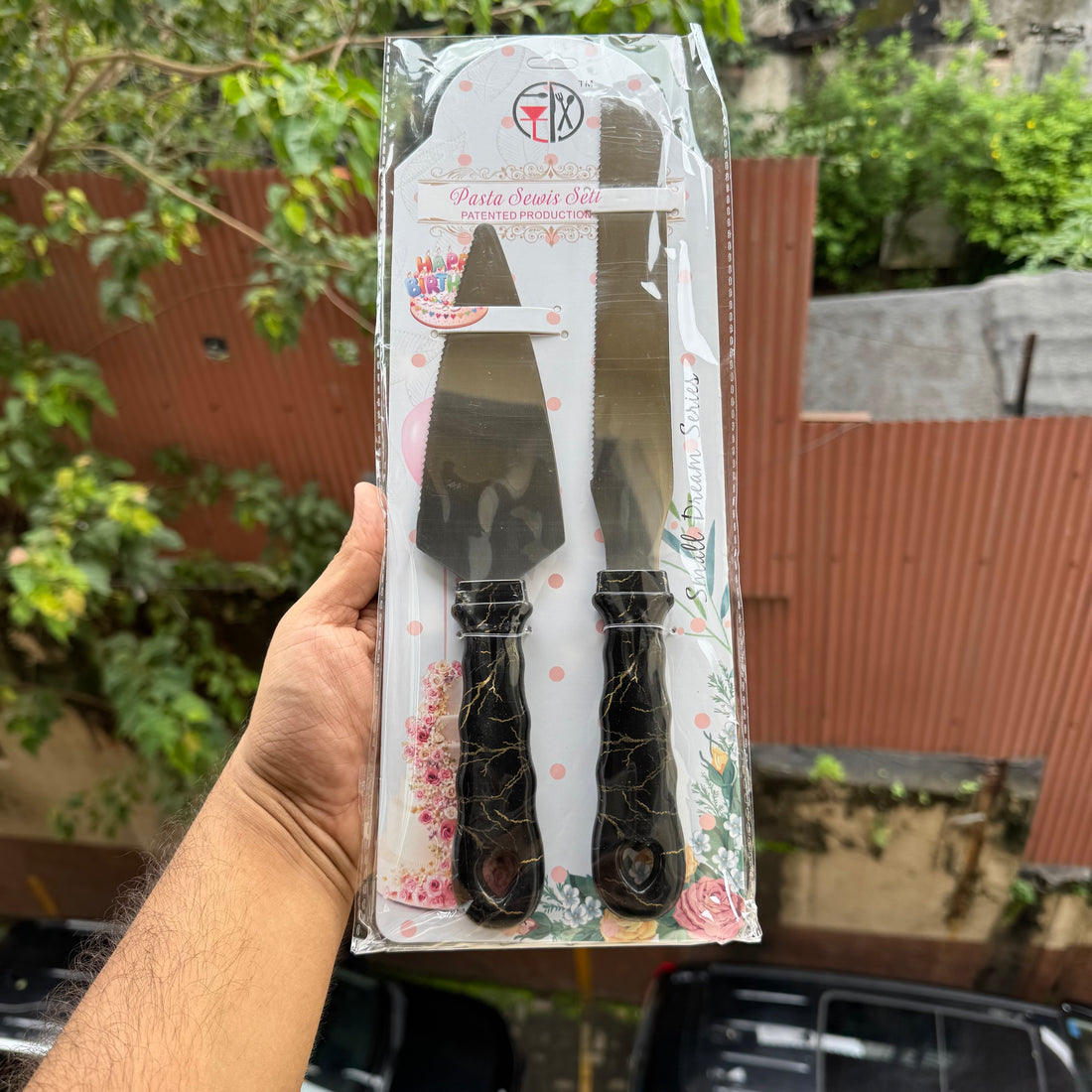 Cake Cutting Aesthetic Set Of 2pcs Pastry Lifter & Cutter Marble Print Black