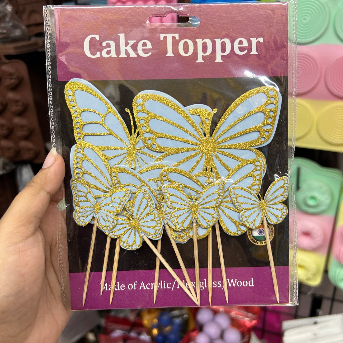 10 Pc Blue With Golden Glittery Border Butterfly Theme Paper Topper For Cake And Cupcake