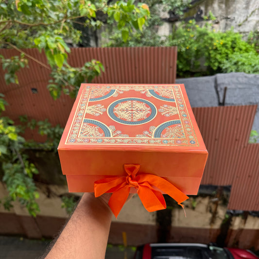 Collapsible Foiled Premium Hamper Box With Ribbon 8x8x4inch • Orange
