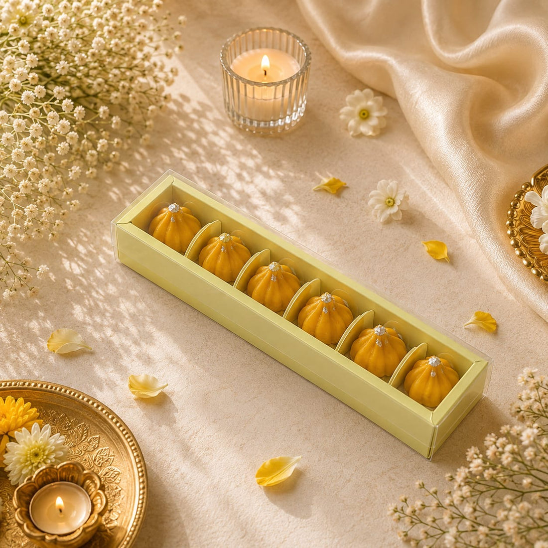 Pastel 6 Cavity Modak Box With Lid • Butter Yellow • CK16
