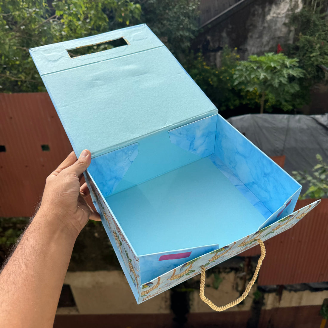Bespoke Collapsible Hamper Boxes With Gold Foiling Detail and Handle • Blue