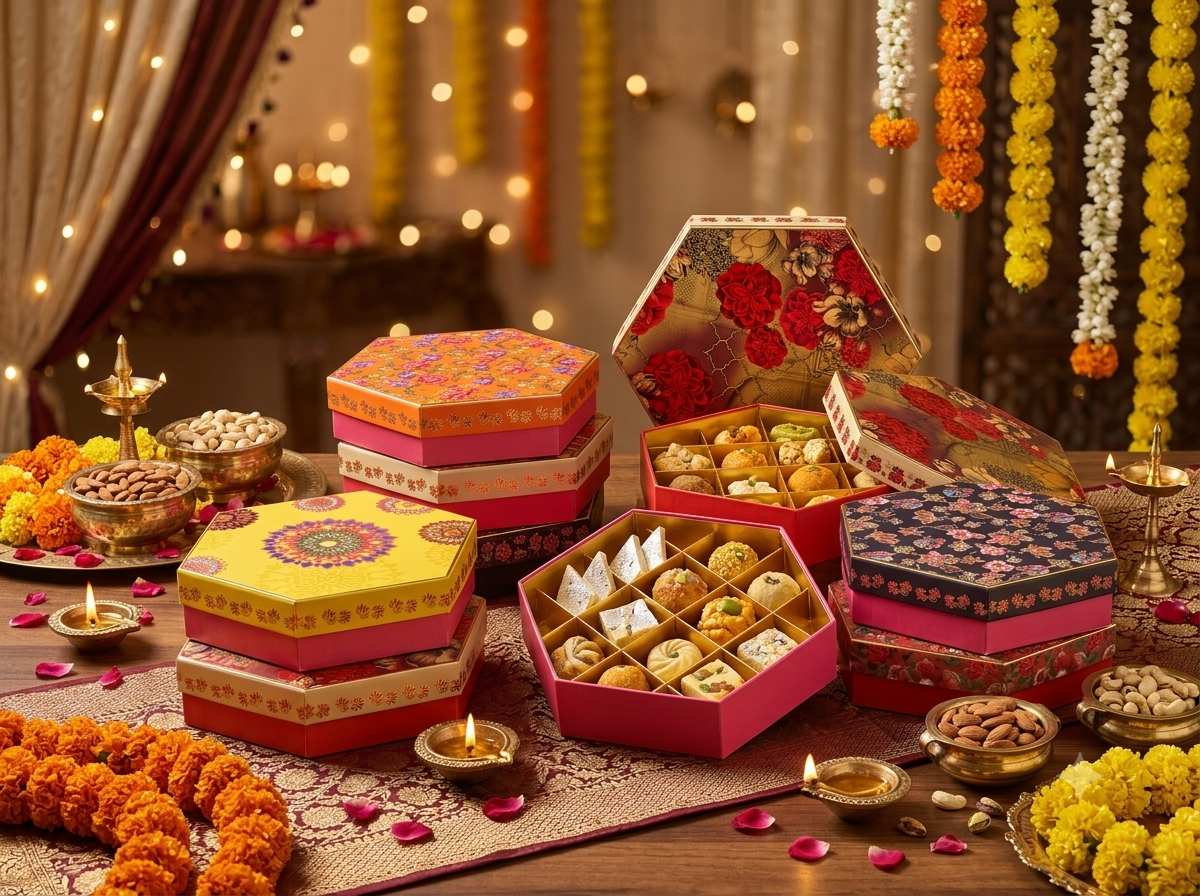 Top Bottom Rigid Hexagon Mithai Box With Partition 1pc  | Orange
