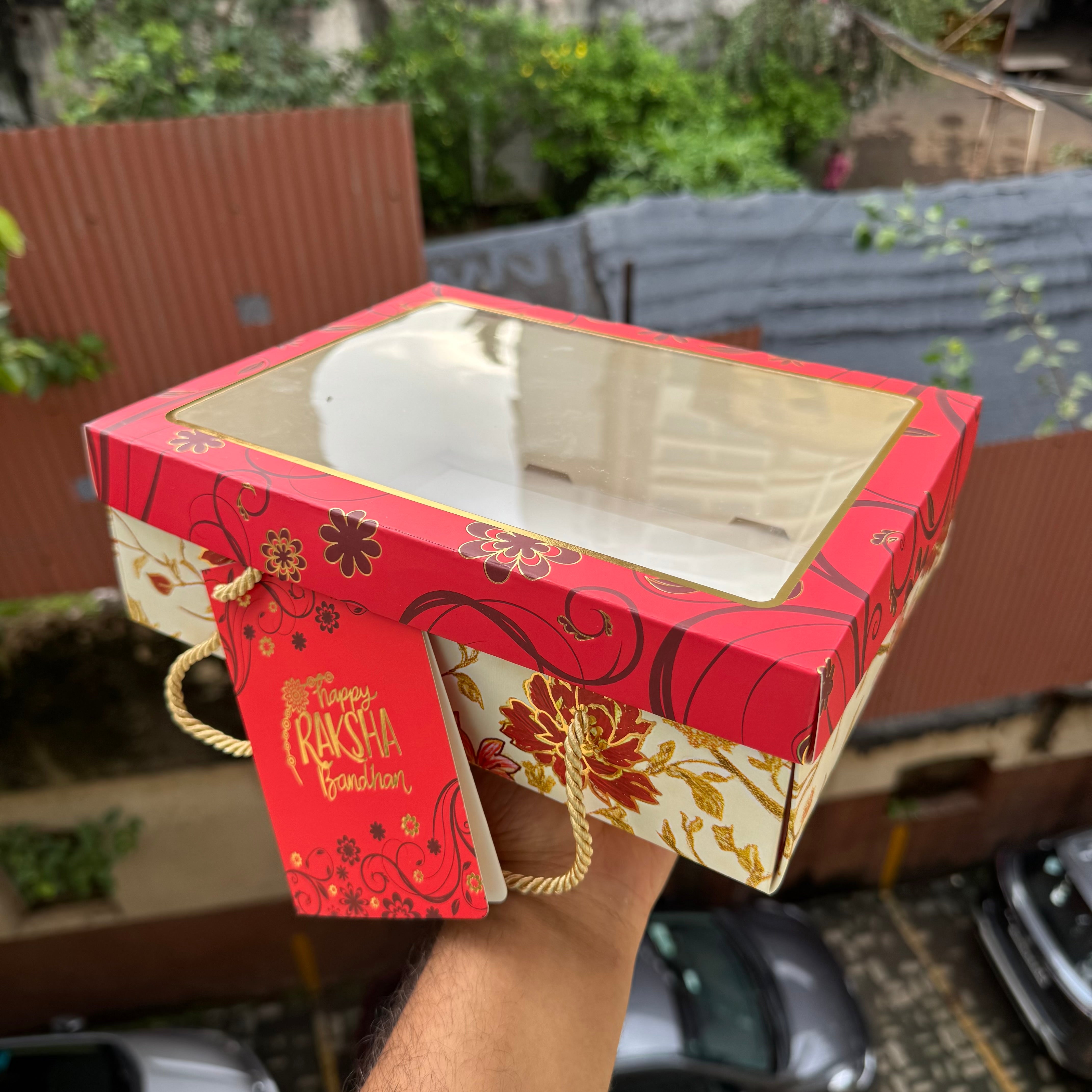 Rakhi Marigold Red Foiled Hamper Box With String and Card 10pc