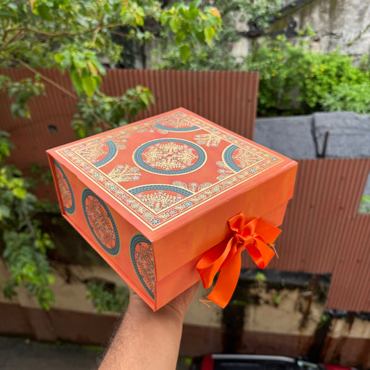 Collapsible Foiled Premium Hamper Box With Ribbon 8x8x4inch • Orange