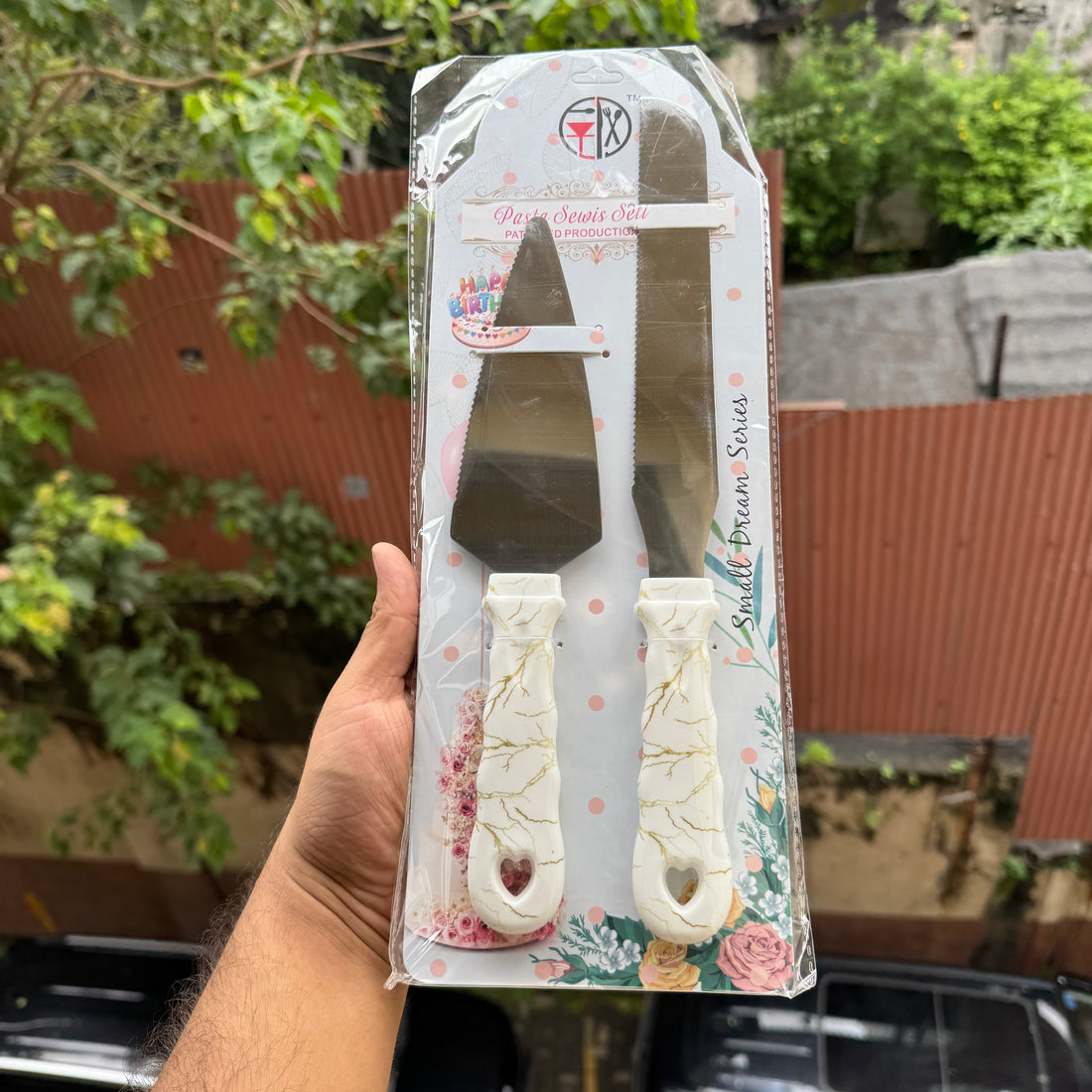 Cake Cutting Aesthetic Set Of 2pcs Pastry Lifter & Cutter Marble Print White