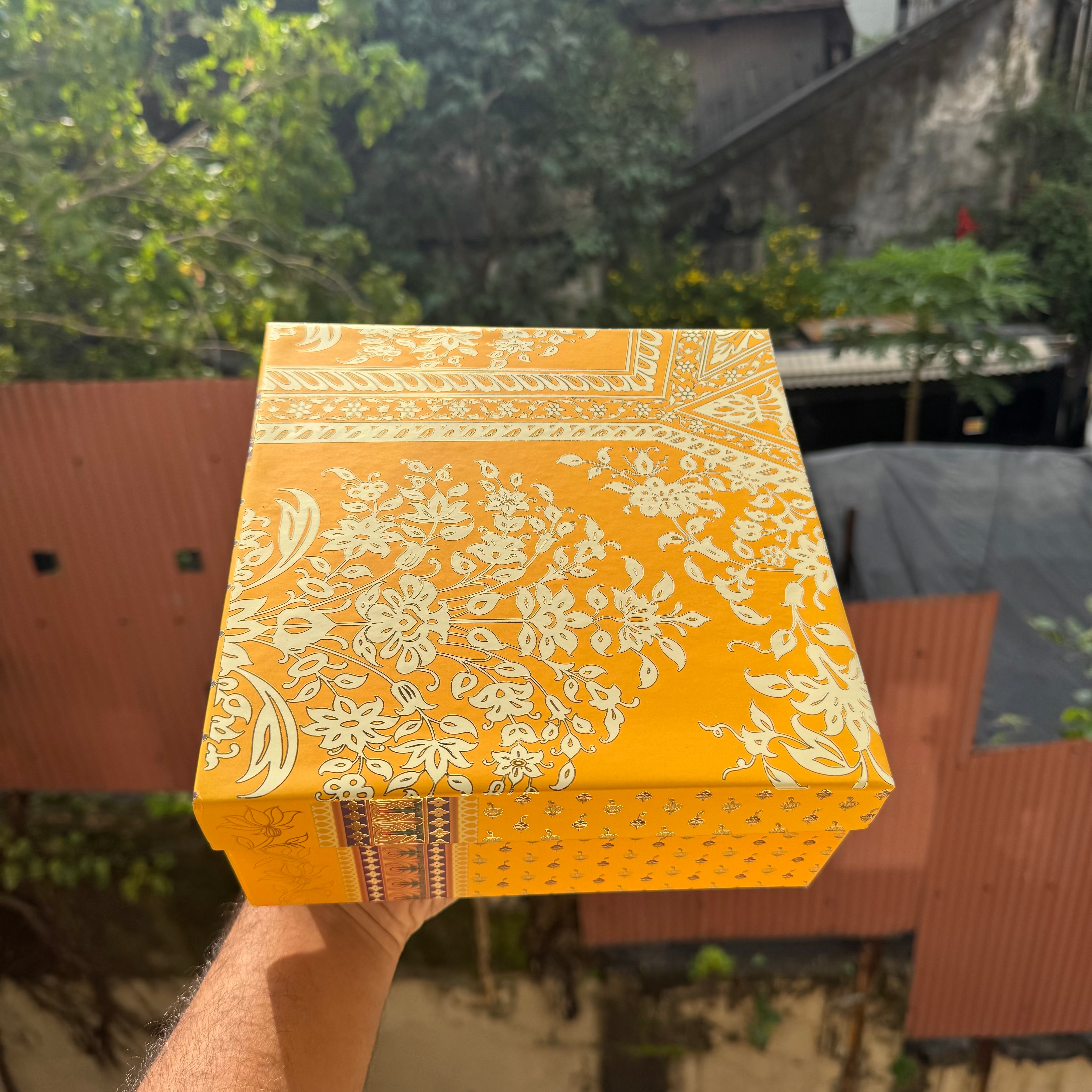 Jashan Top Bottom Hamper Box With Matching Bag Combo 1pc 8x8x3.5inch | Mustard Silk