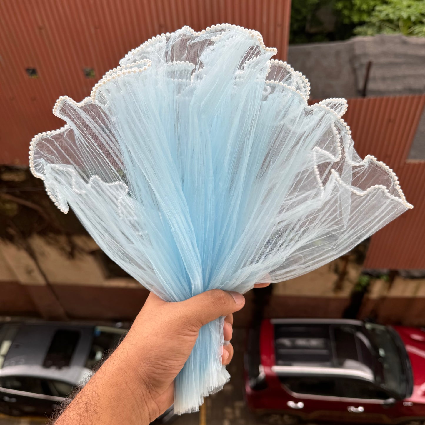 Blue Flower Wrapping Mesh | Pearl Edge Wrinkled Wavy Net Flower Wrapping Bouquet Paper
