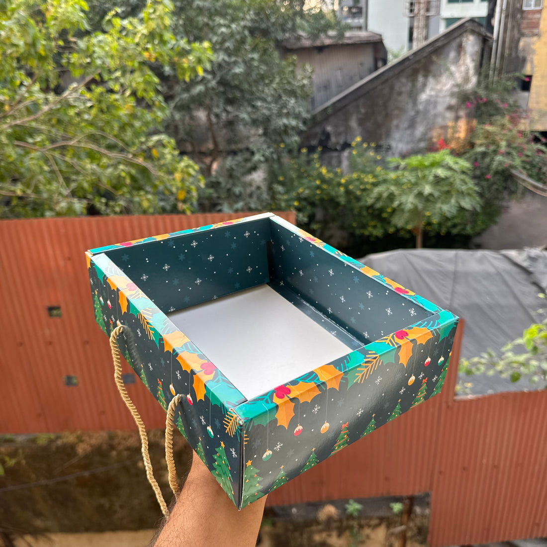 Christmas Hamper Box With Lid & String | Green (10pc)