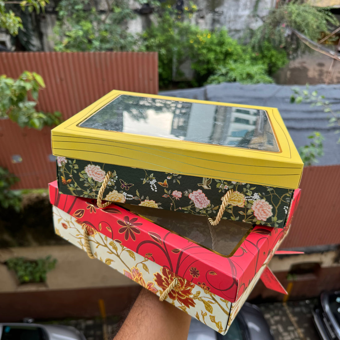 Rakhi Marigold Red Foiled Hamper Box With String and Card 10pc