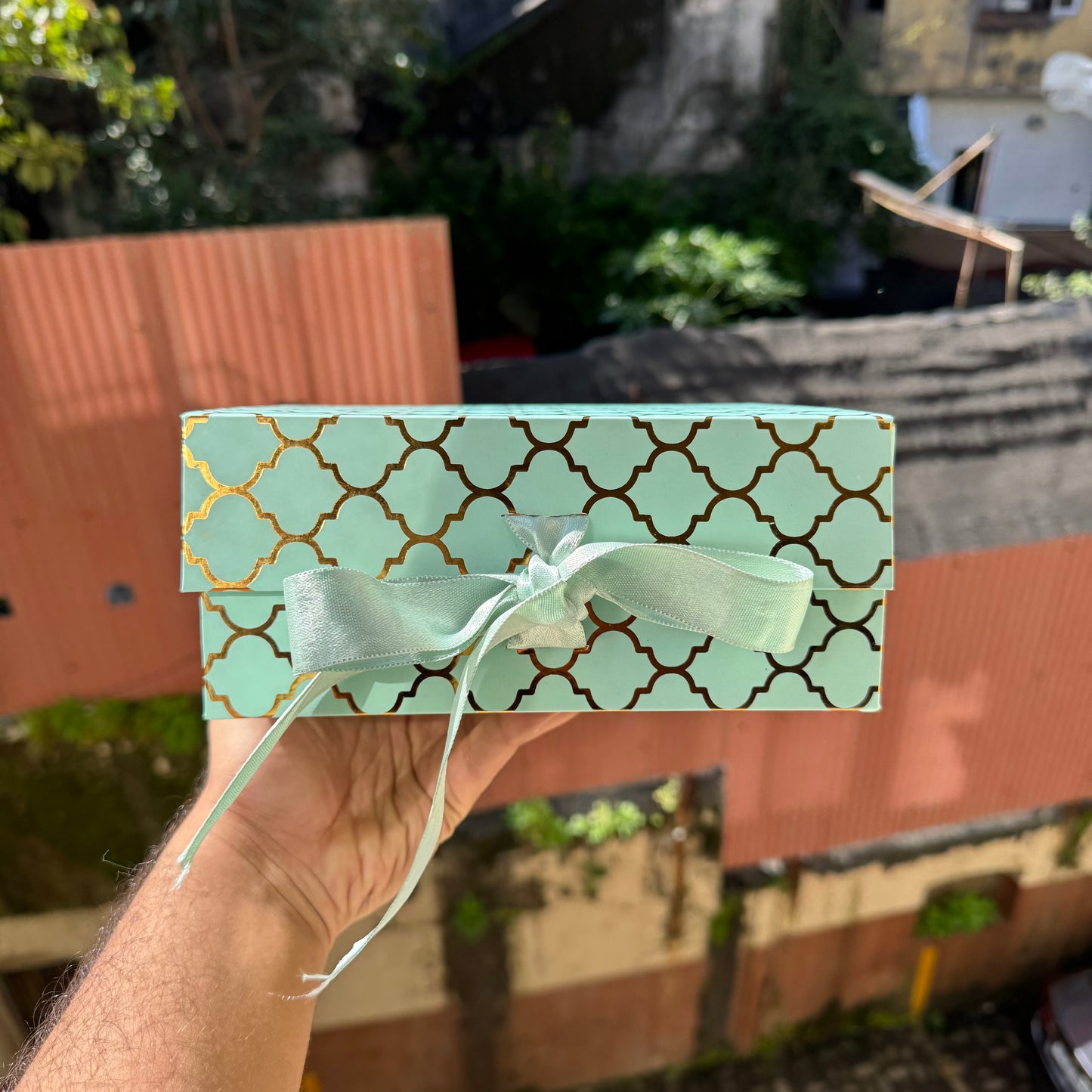 8x8x4 Moroccan Gold Foil Print Collapsible Ribbon Hamper Box (1pc)