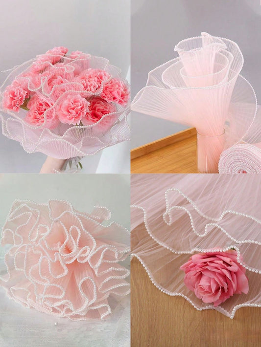 Peach Flower Wrapping Mesh | Pearl Edge Wrinkled Wavy Net Flower Wrapping Bouquet Paper
