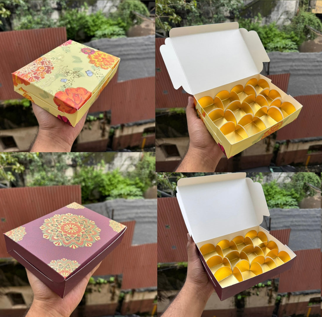 Kohinoor Collection 12Cavity Box For Chocolates / Brownies / Truffles / Candles and More with Gold Foiling Detailing (10pc) WITH Cavity