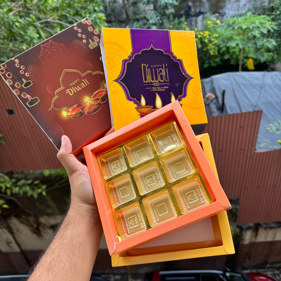 Diwali Slider Box (10pc) || 9 Cavity Size ~ Brown & Amber