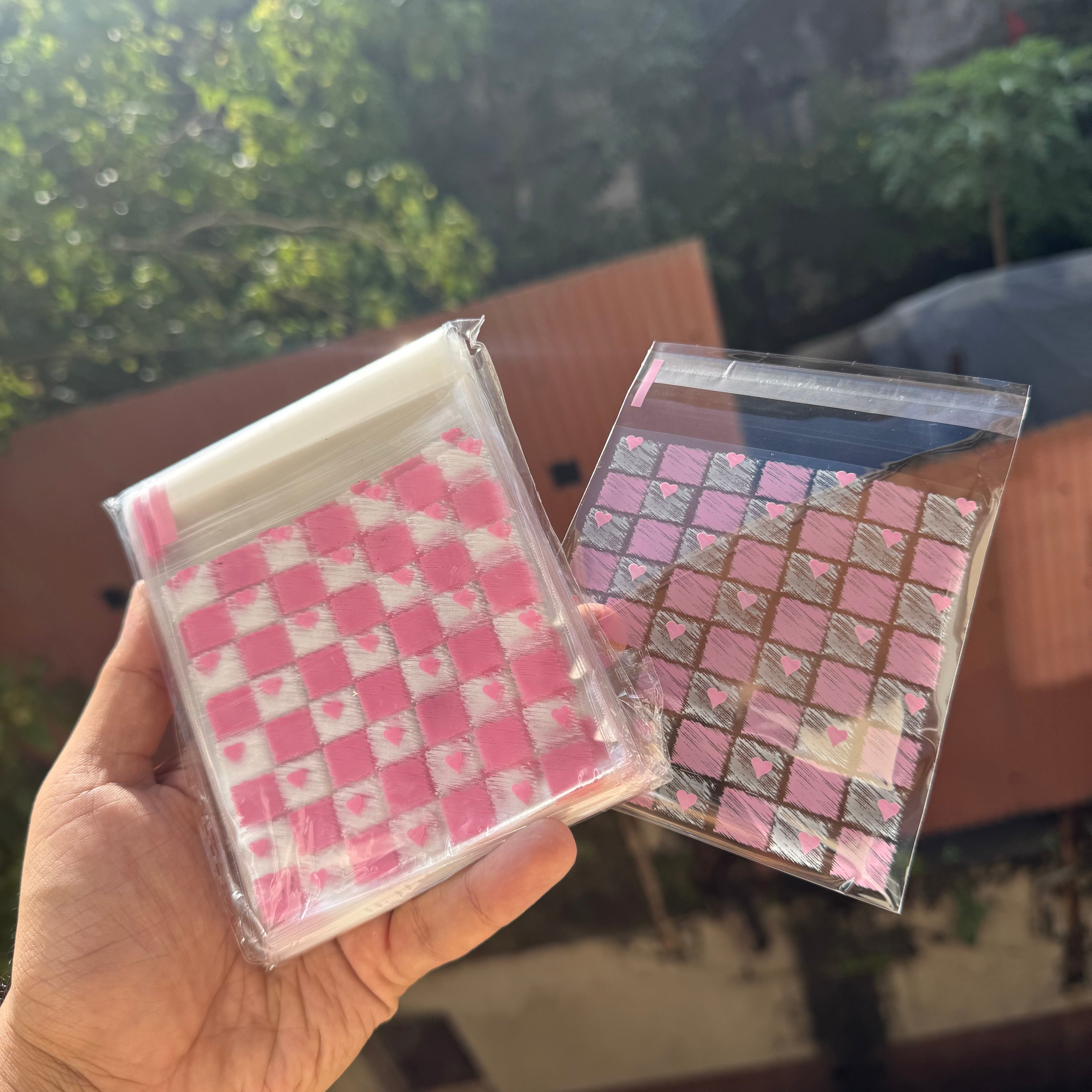 Cookie Pouch 10x10cm (100pcs approx) with Self Adhesive Seal | Pink Heart Checks