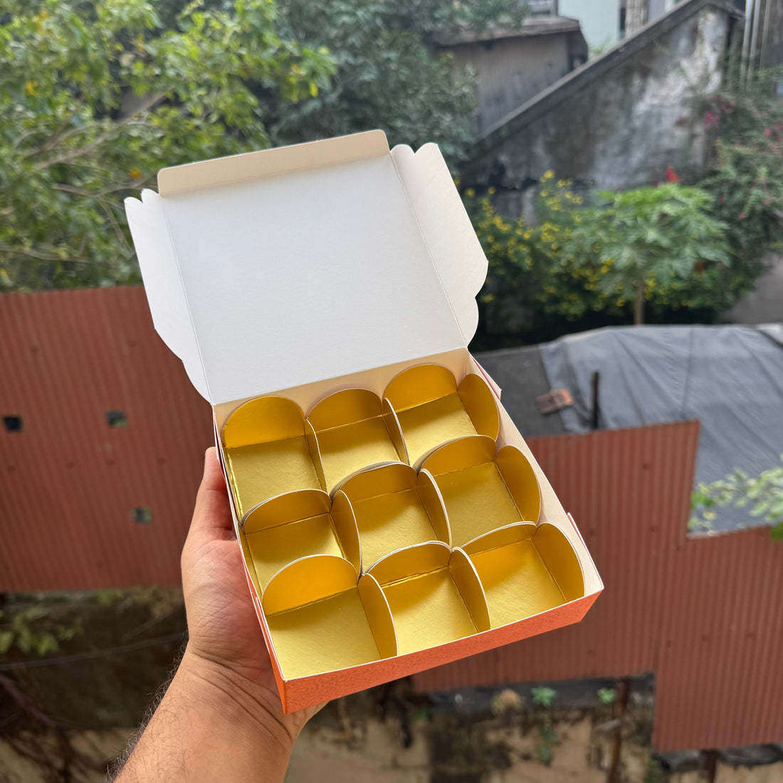 Shahi Collection 9Cavity Box For Chocolates / Brownies / Truffles / Candles and More with Gold Foiling Detailing (10pc) WITH Cavity
