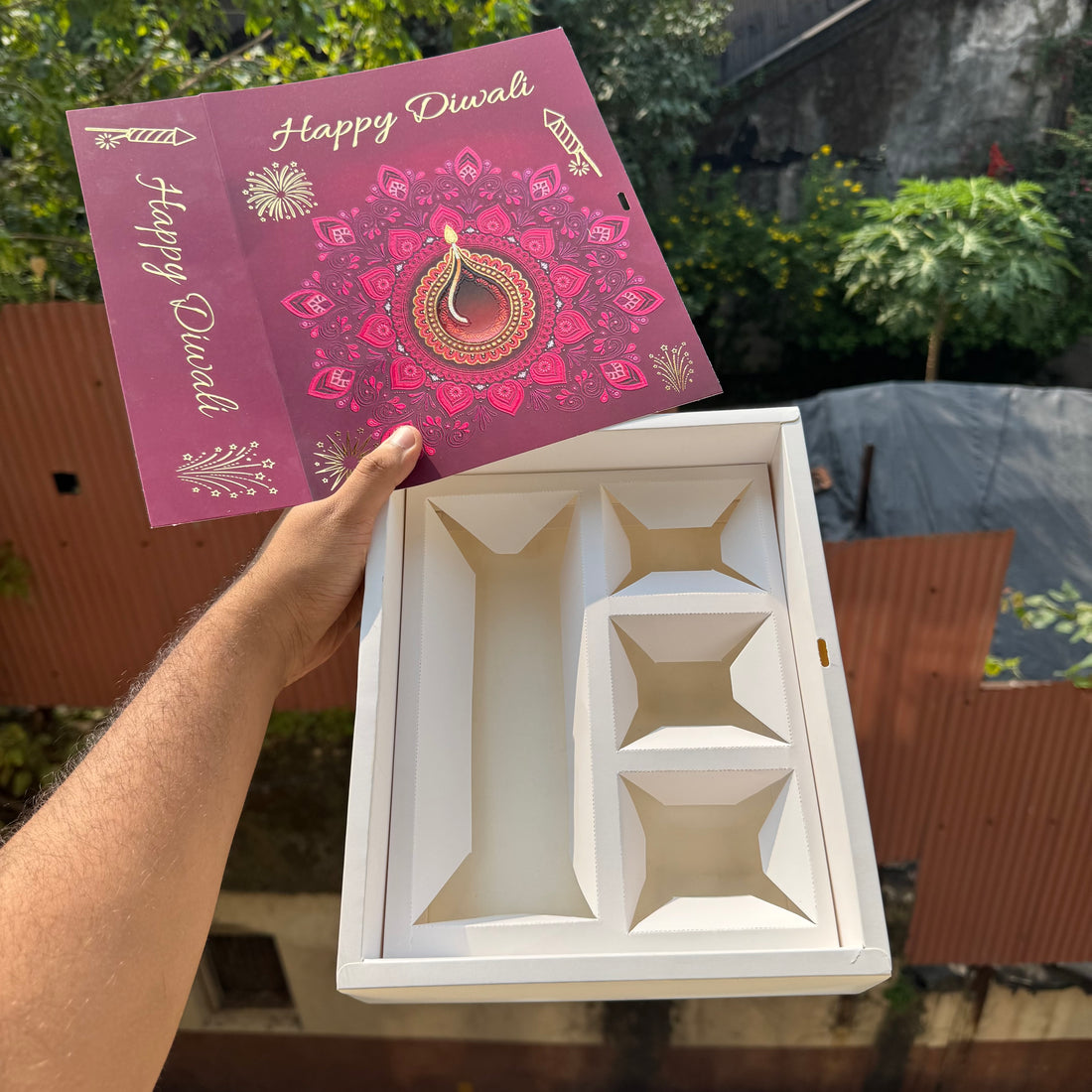 Top Tier Diwali Hamper Box With Premium Cavity Inserts (10pc) • [Box + Cavity + Ribbon Included]