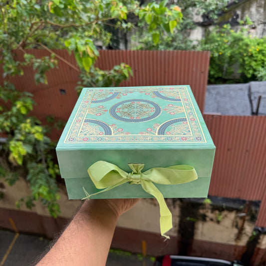 Collapsible Foiled Premium Hamper Box With Ribbon 8x8x4inch • Pista Green
