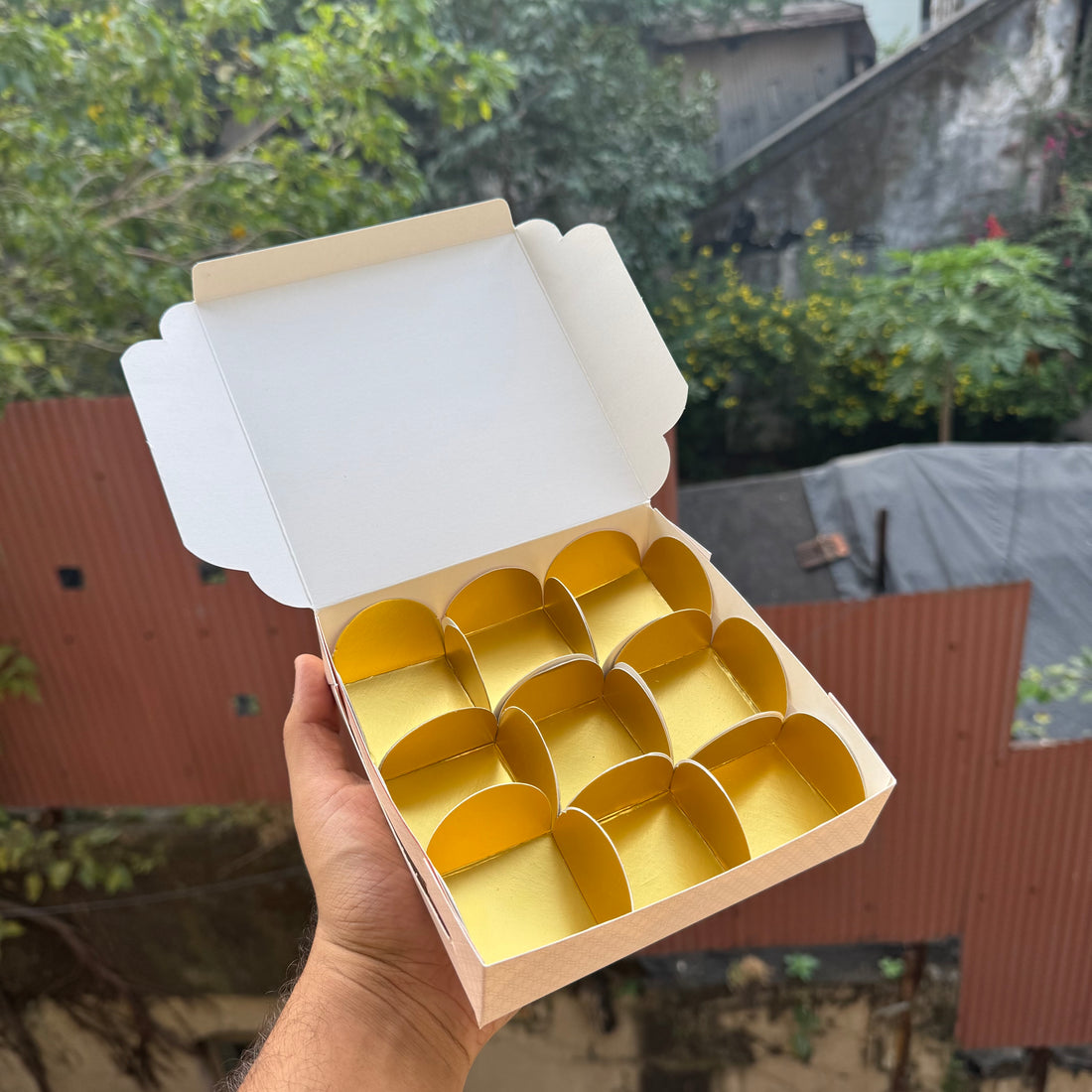 Shahi Collection 9Cavity Box For Chocolates / Brownies / Truffles / Candles and More with Gold Foiling Detailing (10pc) WITH Cavity
