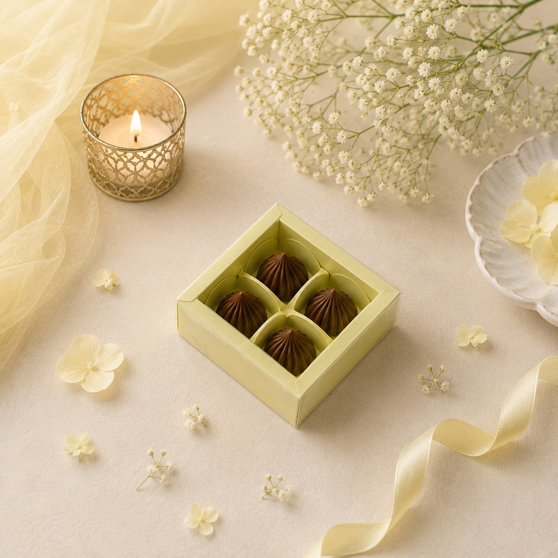 Pastel 4 Cavity Modak Box With Lid 10pc • Butter Yellow • CK15