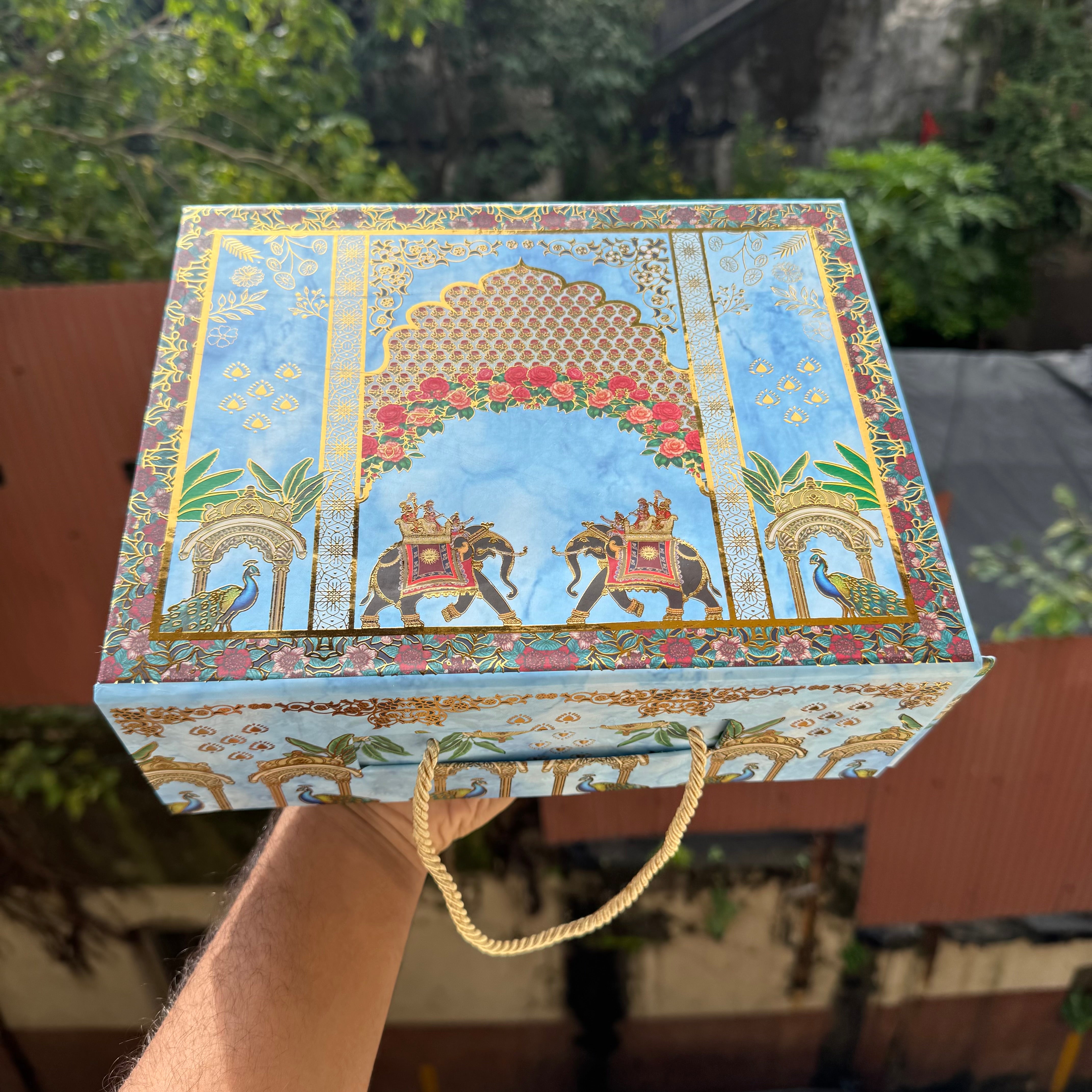 Bespoke Collapsible Hamper Boxes With Gold Foiling Detail and Handle • Blue