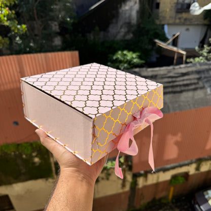 8x8x4 Moroccan Gold Foil Print Collapsible Ribbon Hamper Box (1pc)