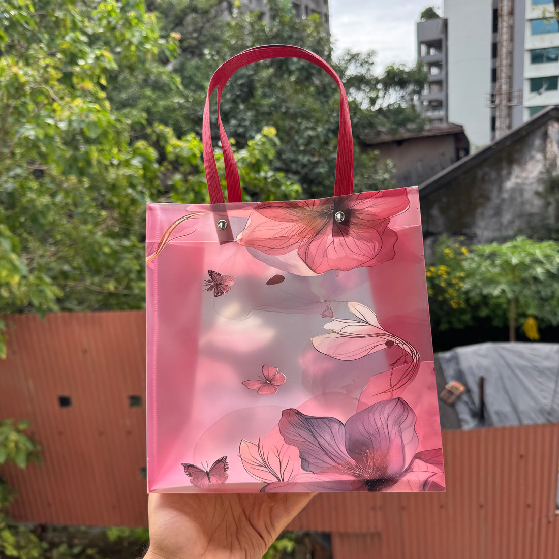 Floral Frosted Pvc Bag (10pc) ~ Maroon