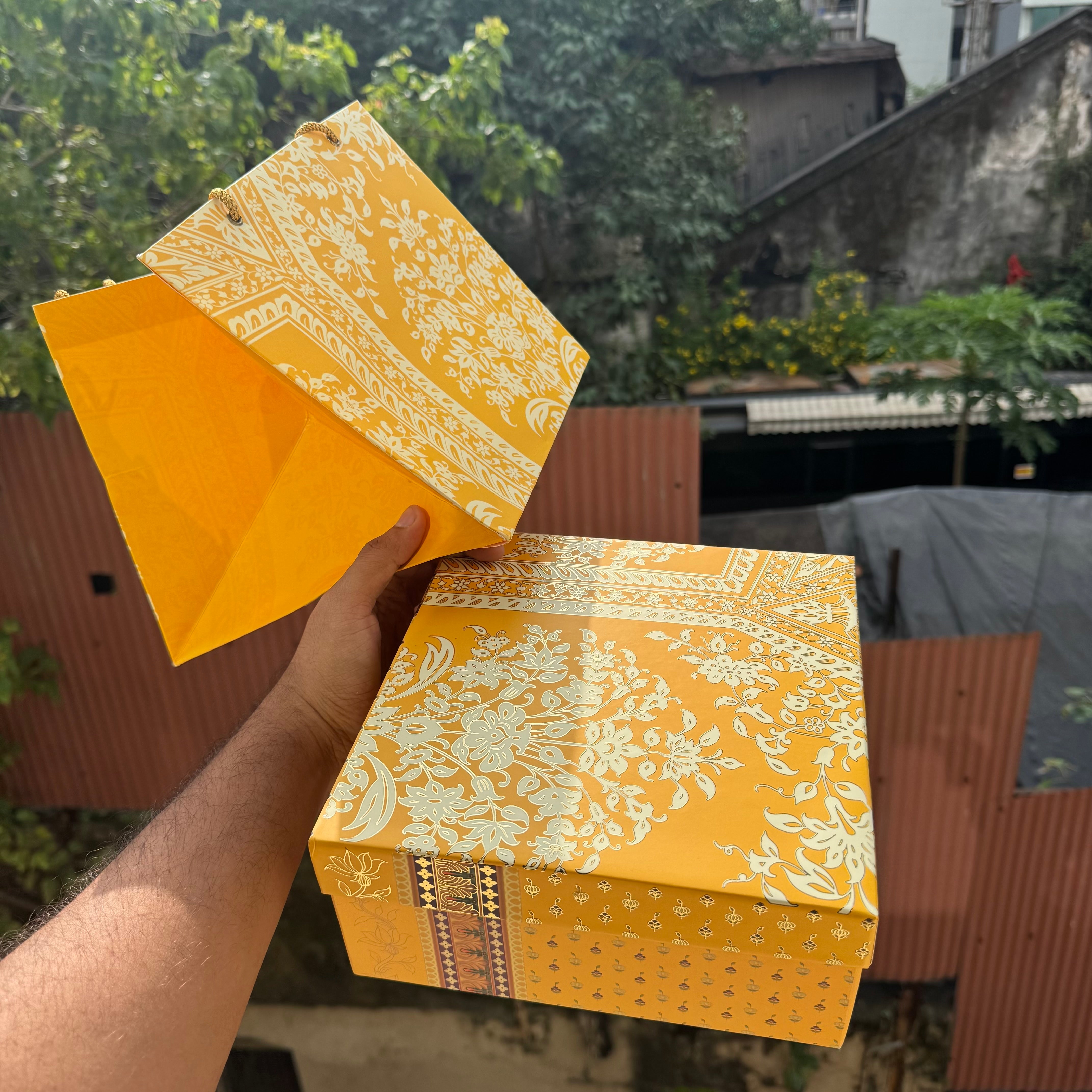 Jashan Top Bottom Hamper Box With Matching Bag Combo 1pc 8x8x3.5inch | Mustard Silk