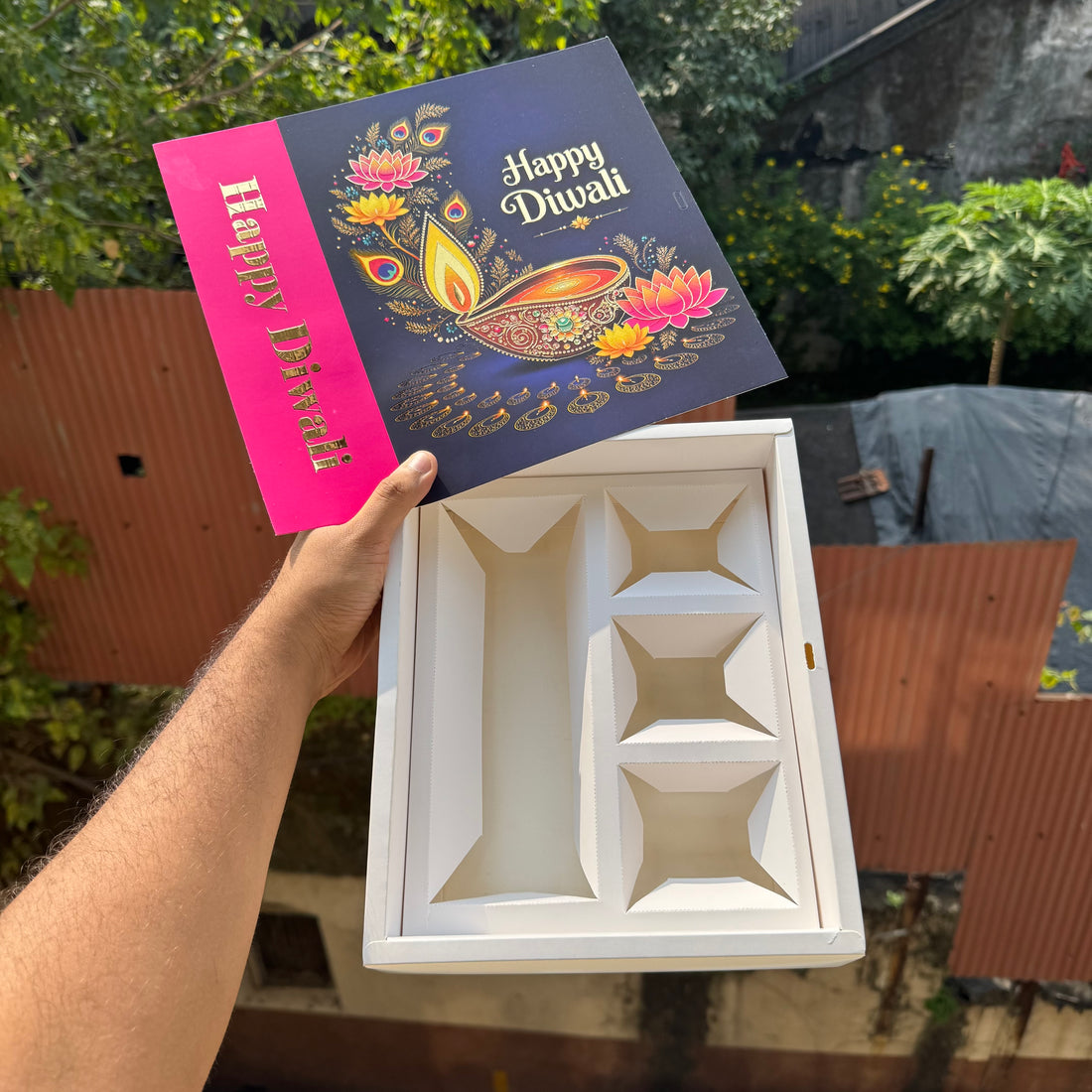 Top Tier Diwali Hamper Box With Premium Cavity Inserts (10pc) • [Box + Cavity + Ribbon Included]