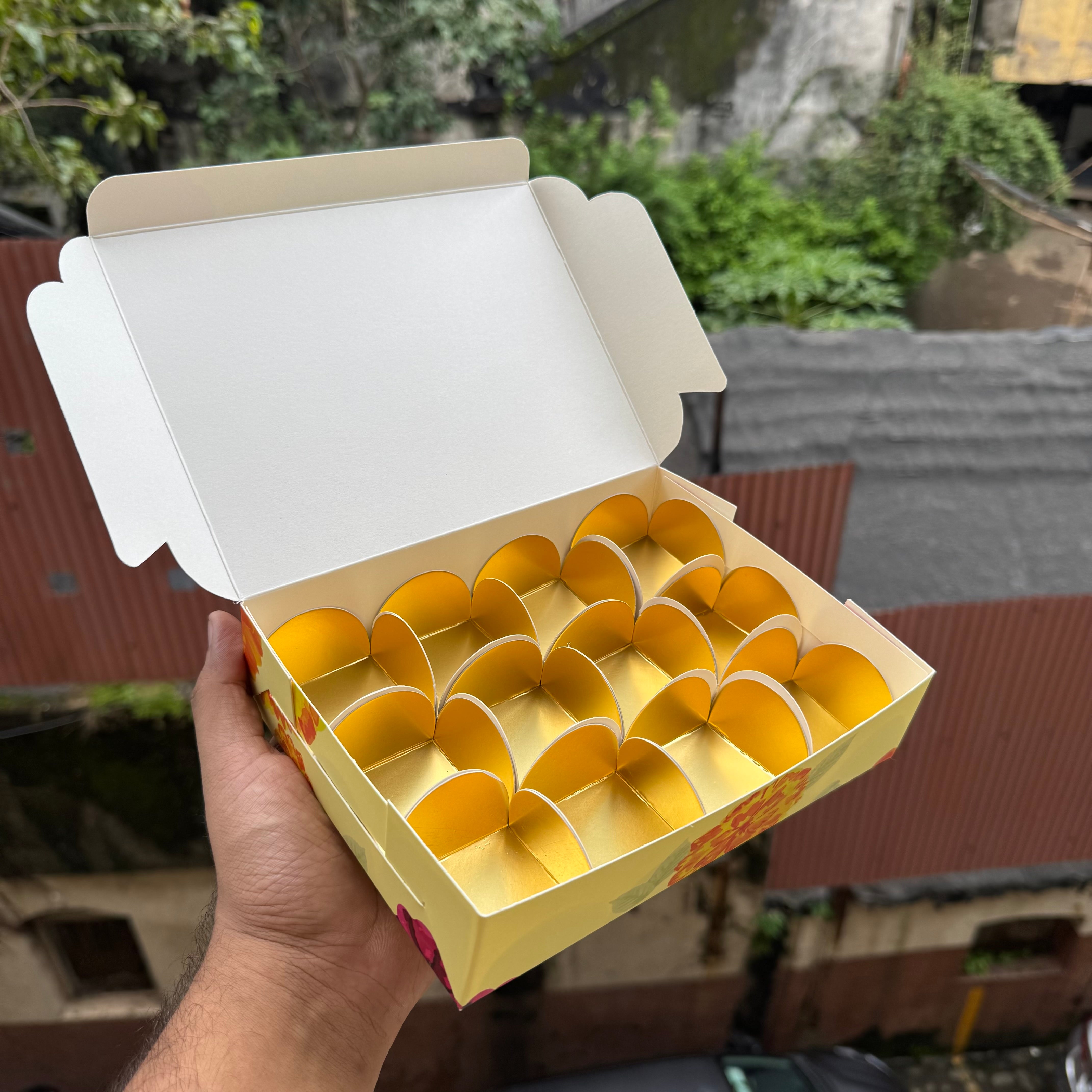 Kohinoor Collection 12Cavity Box For Chocolates / Brownies / Truffles / Candles and More with Gold Foiling Detailing (10pc) WITH Cavity