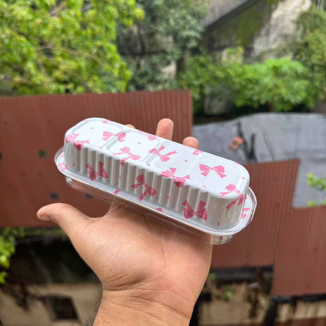Printed Foil Bakeable Rectangle Container With Lid (10pc) ~ Pink Bow