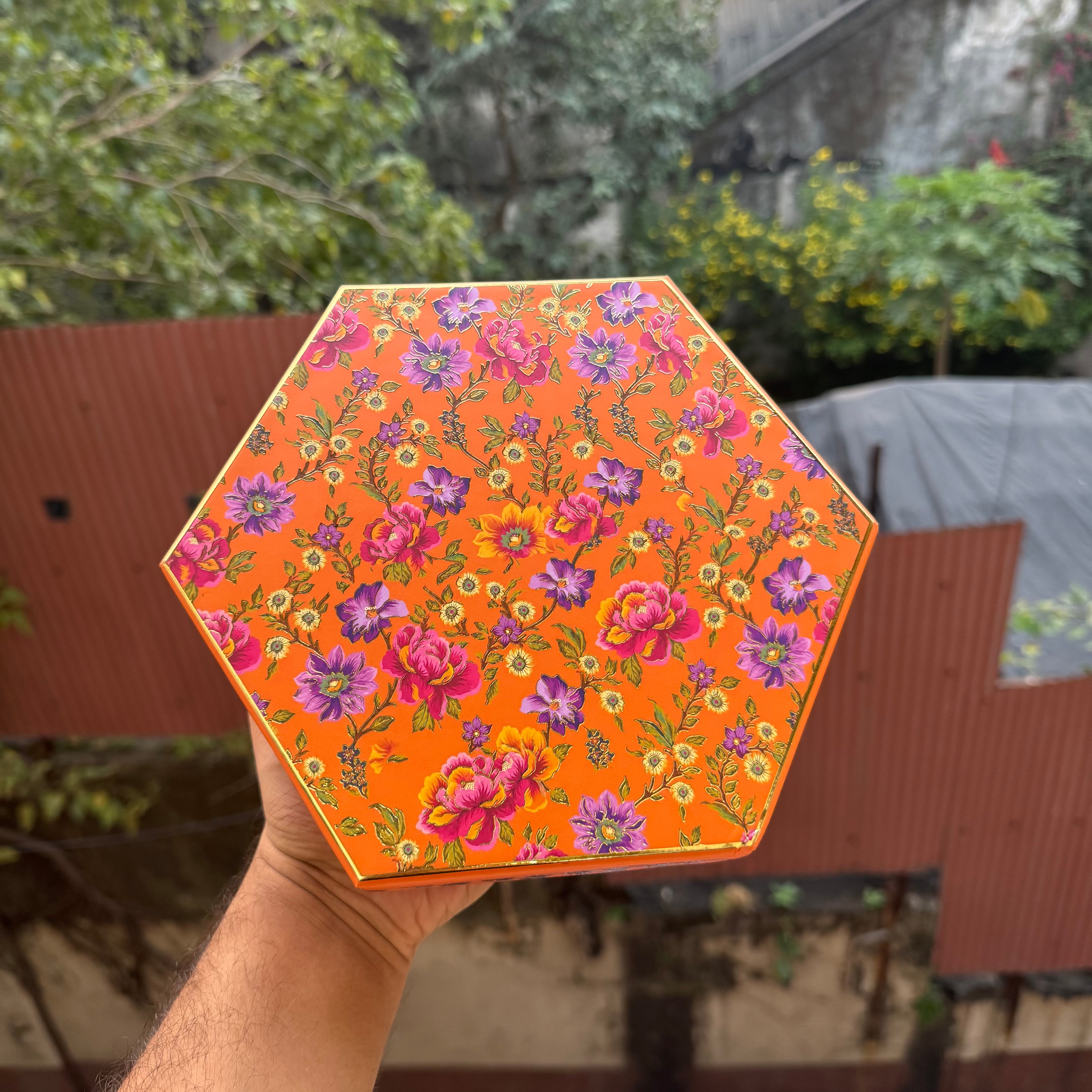 Top Bottom Rigid Hexagon Mithai Box With Partition 1pc  | Orange