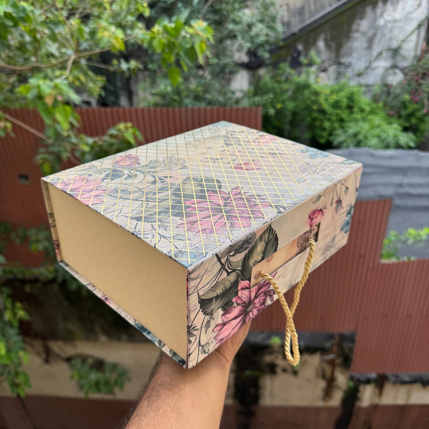 Premium Aesthetic Floral Print Collapsible Hamper Box with Gold Foiling Detailing