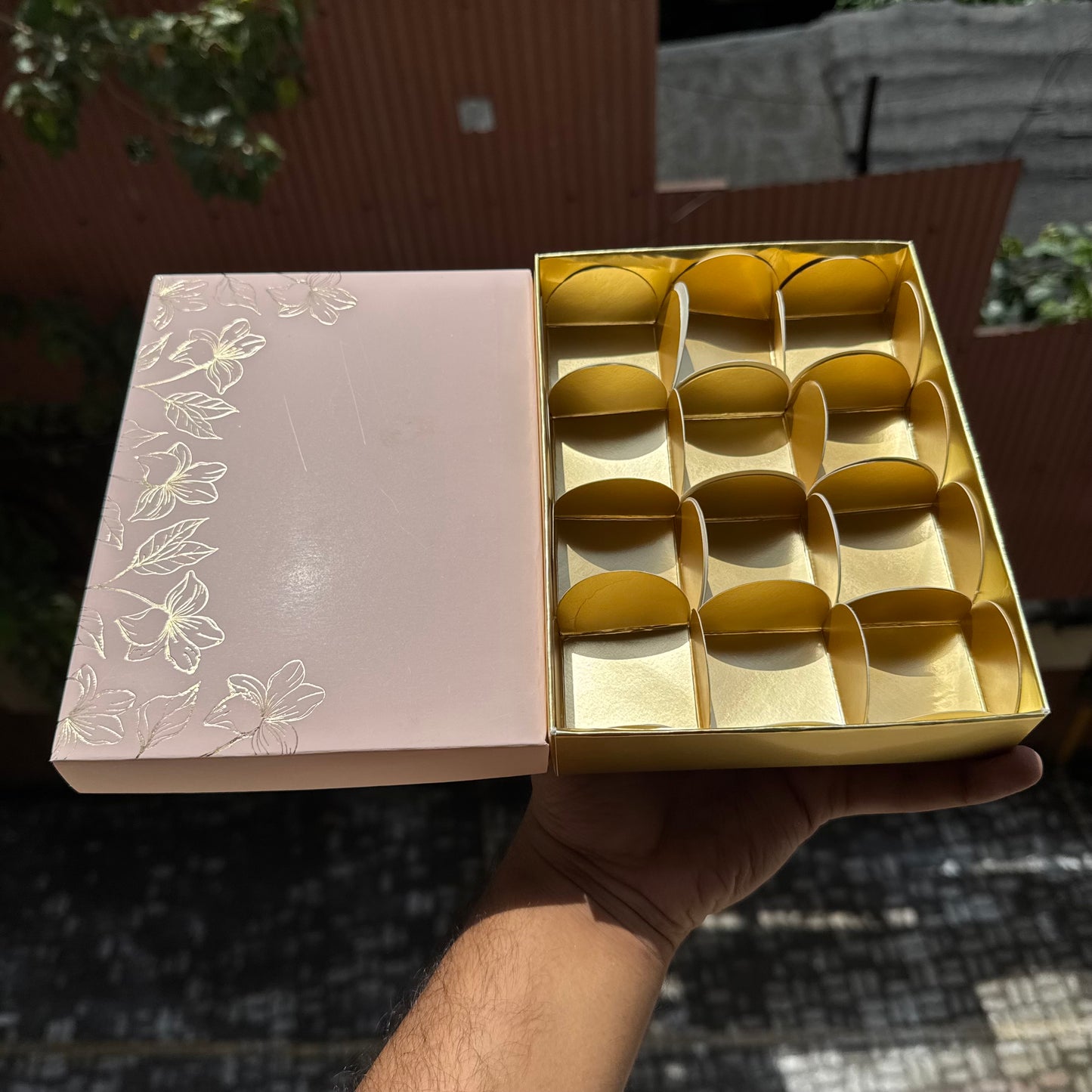 Pastel Petals Collection - 12 Cavity  Box with Premium Cavity for Chocolates,Truffles - Peach (10pc) Top Bottom
