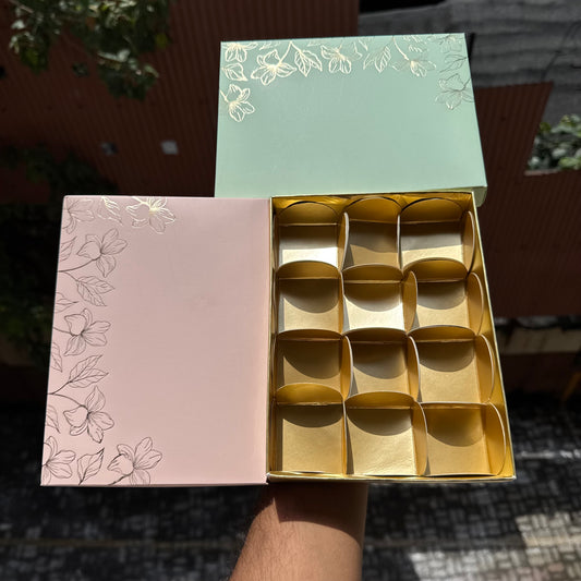 Pastel Petals Collection - 12 Cavity  Box with Premium Cavity for Chocolates,Truffles - Mint Green (10pc) Top Bottom