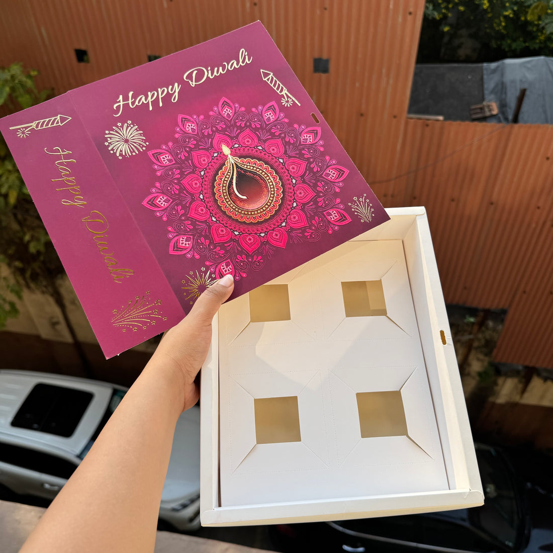Top Tier Diwali Hamper Box With Premium Cavity Inserts (10pc) • [Box + Cavity + Ribbon Included]
