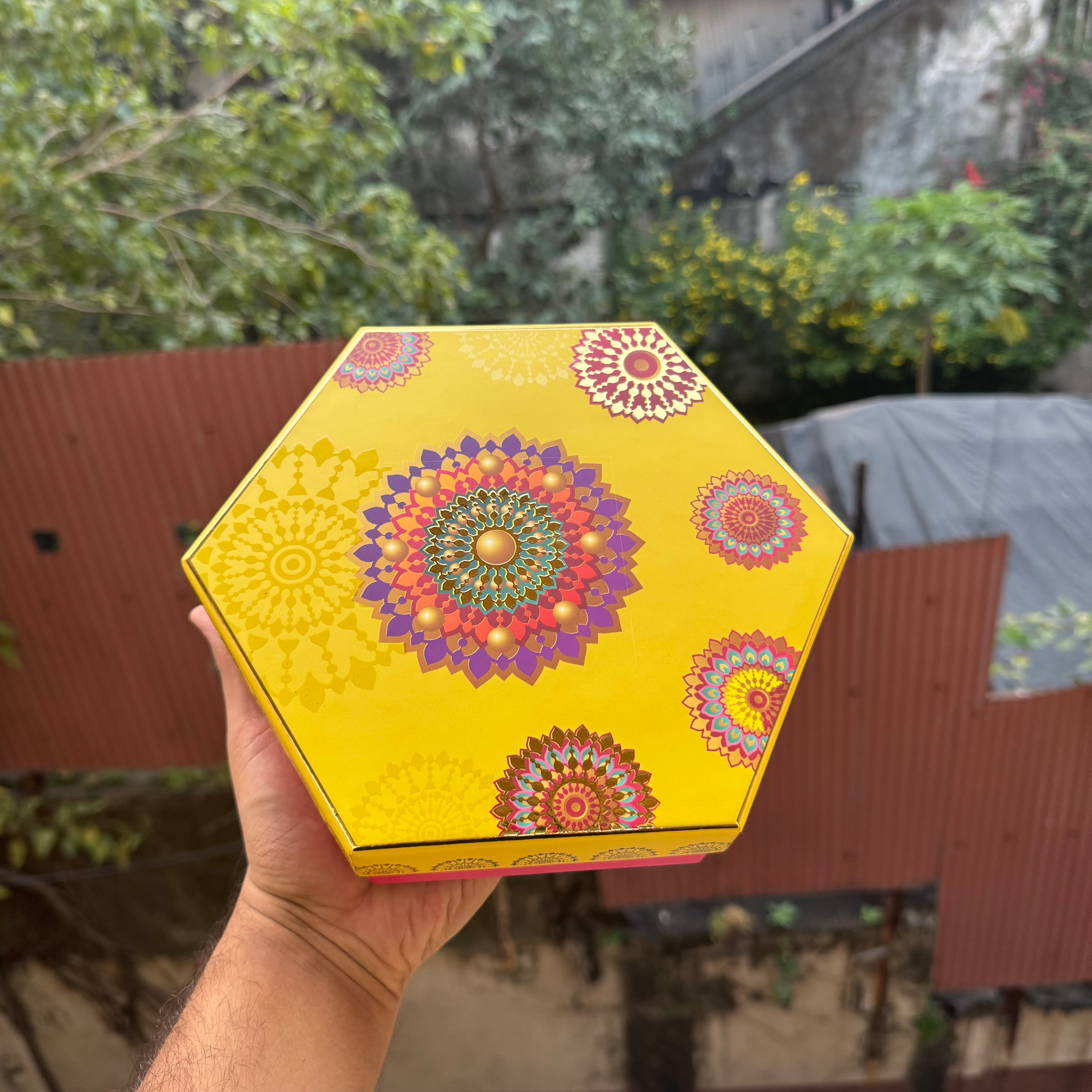 Top Bottom Rigid Hexagon Mithai Box With Partition 1pc  | Yellow