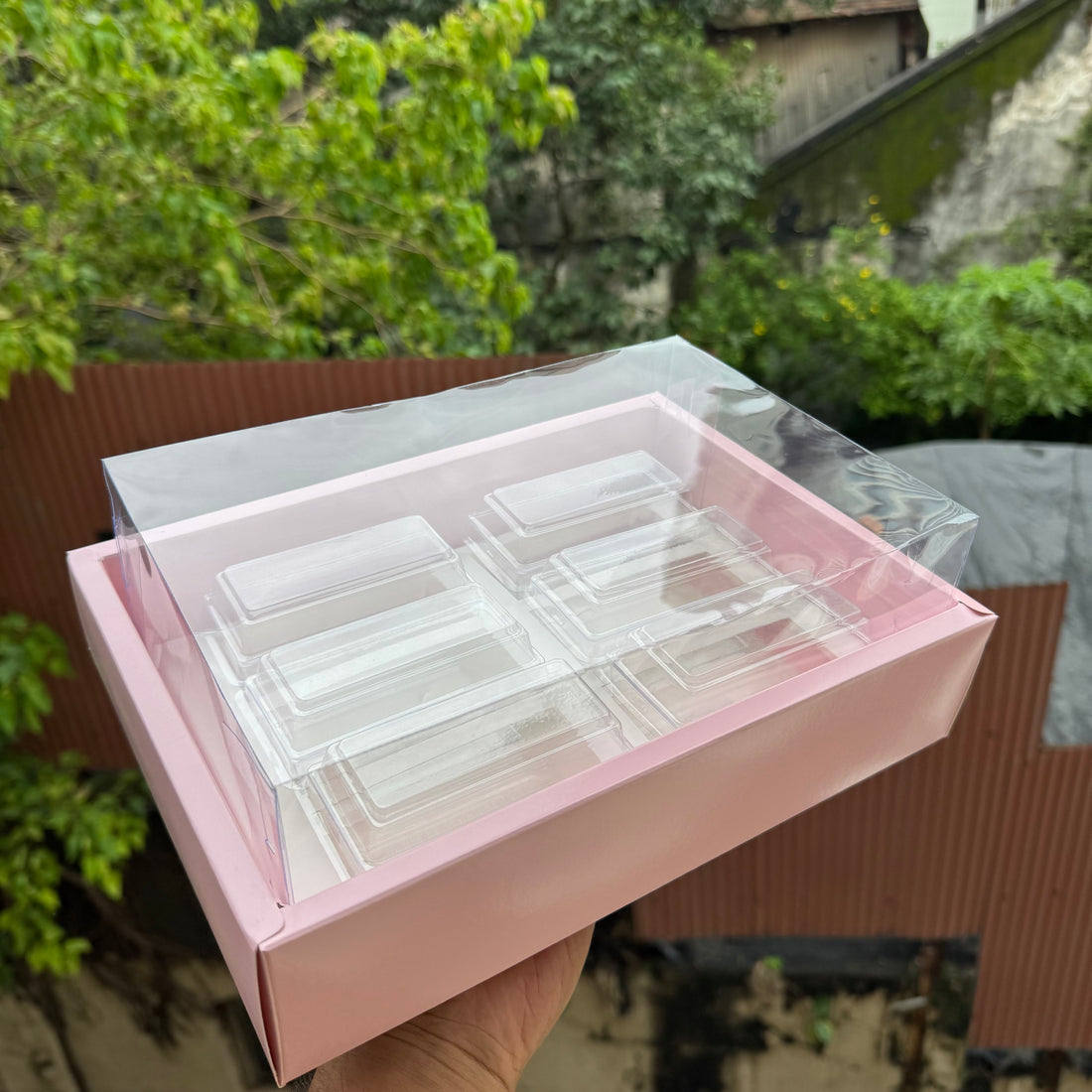 A pink rectangular plastic organizer tray with a clear plastic lid, held by a hand against an outdoor background of green trees and a brown fence.