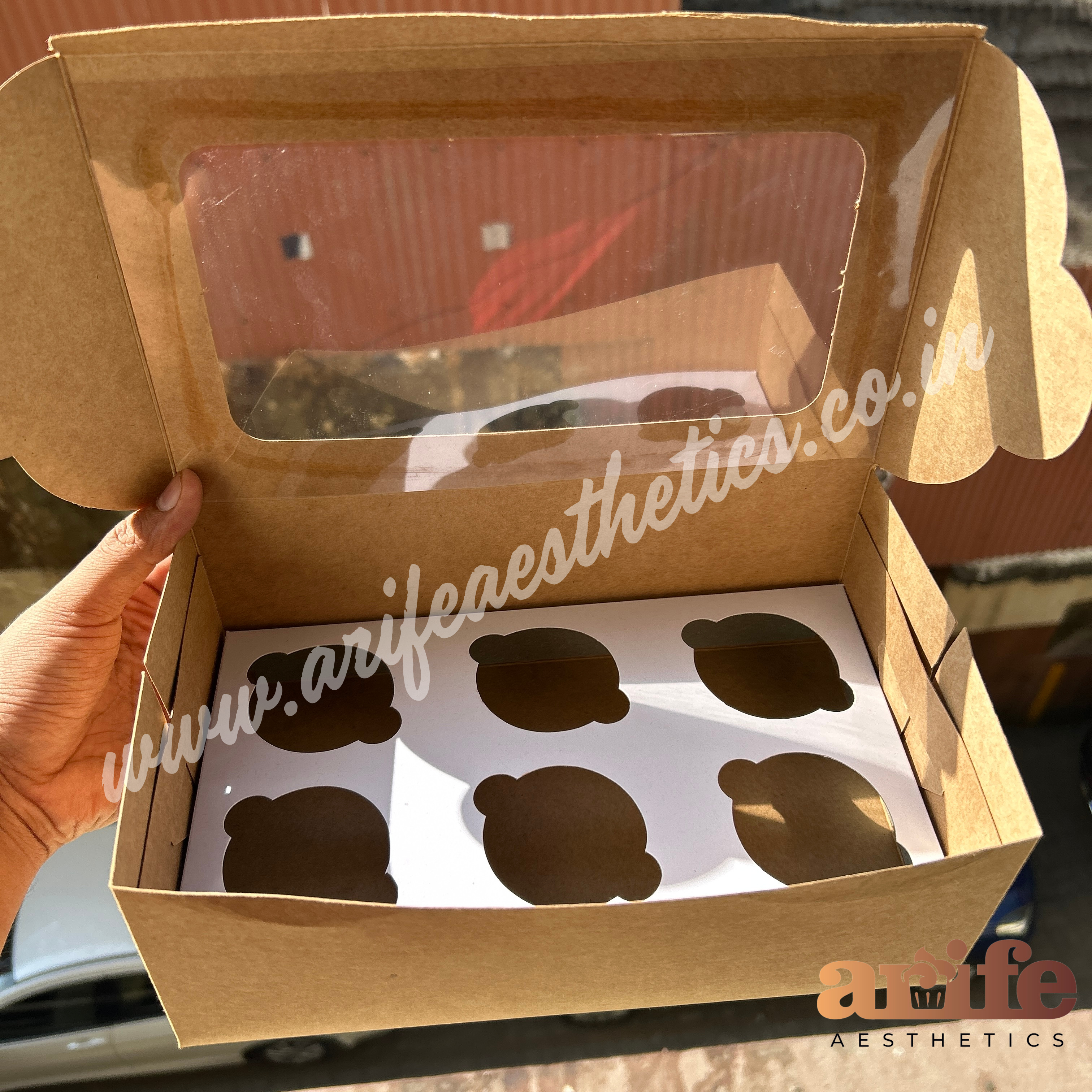 6 Cavity Cupcake Box Brown Window