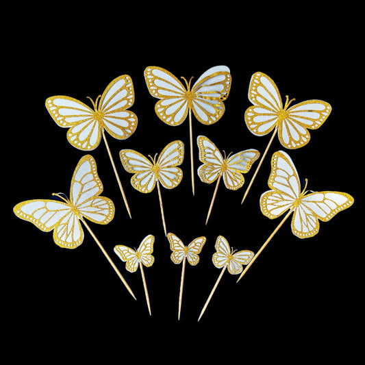 10 Pc White With Golden Glittery Border Butterfly Theme Paper Topper For Cake And Cupcake