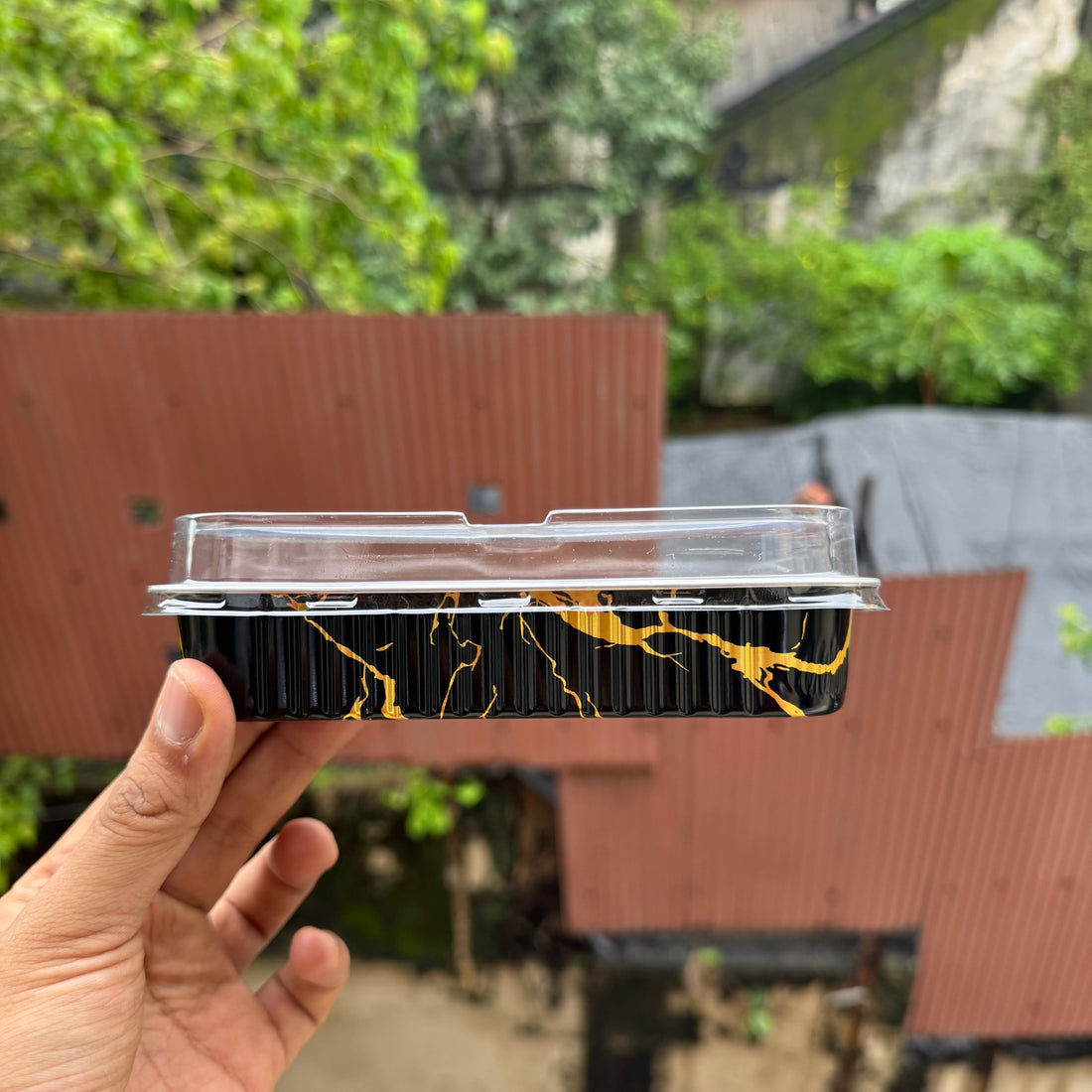 Printed Foil Bakeable Rectangle Container With Lid (10pc) ~ Black Marble - Arife.Aesthetics