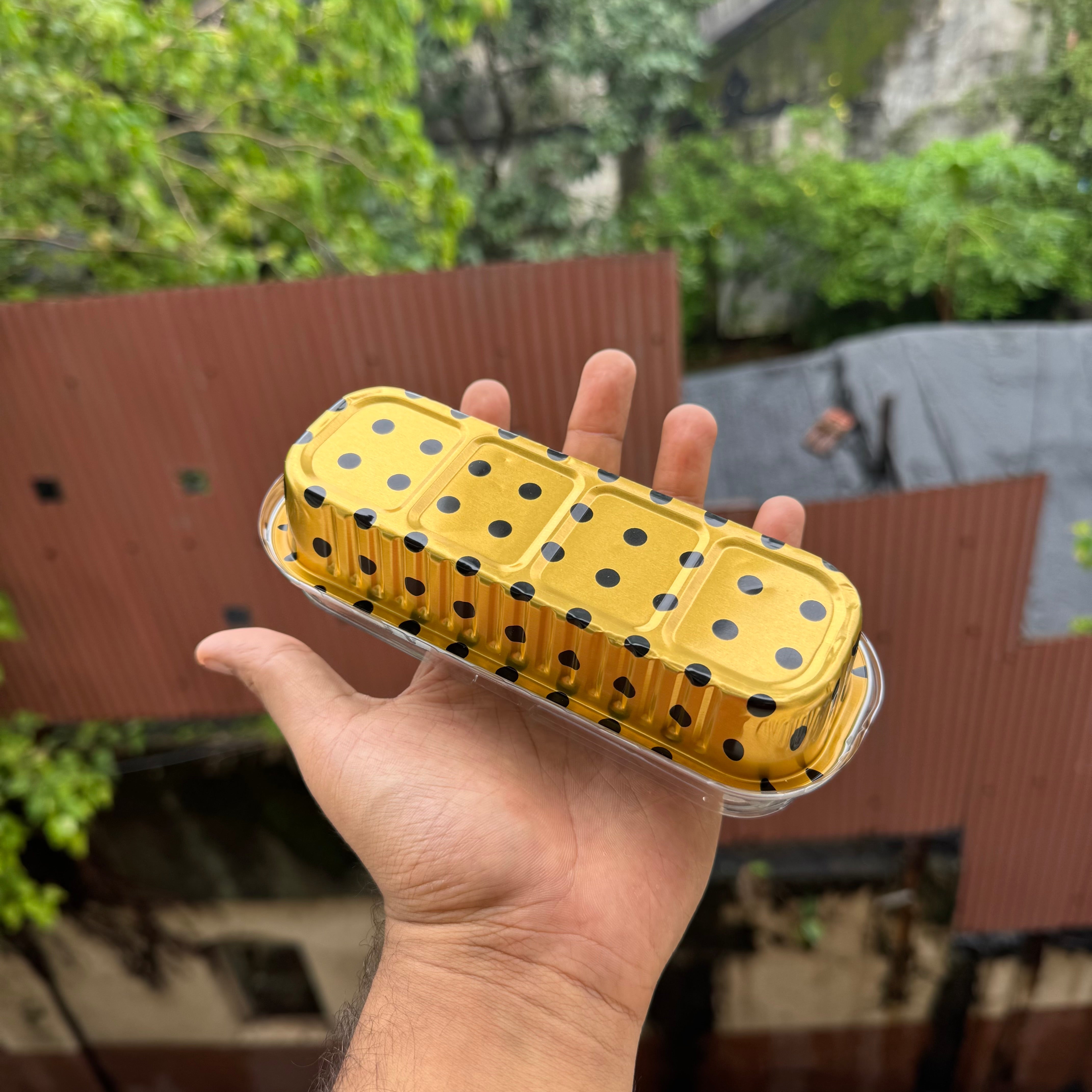 Printed Foil Bakeable Rectangle Container With Lid (10pc) ~ Gold Polka - Arife.Aesthetics